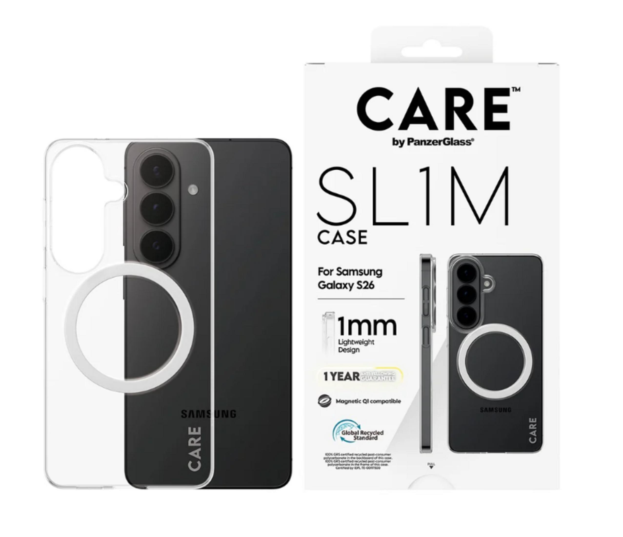 Şeffaf ve siyah Samsung Galaxy S26 telefon kılıfı içeren ambalaj.