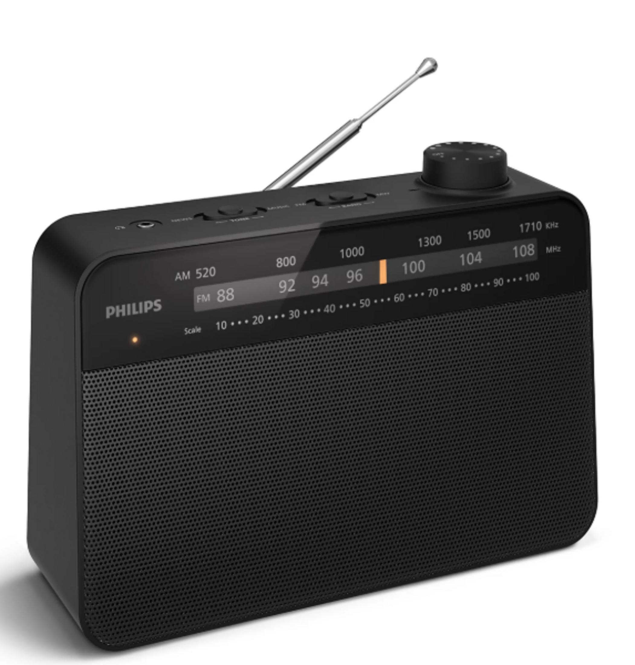 Une radio Philips noire avec son antenne déployée et une échelle radio visible.