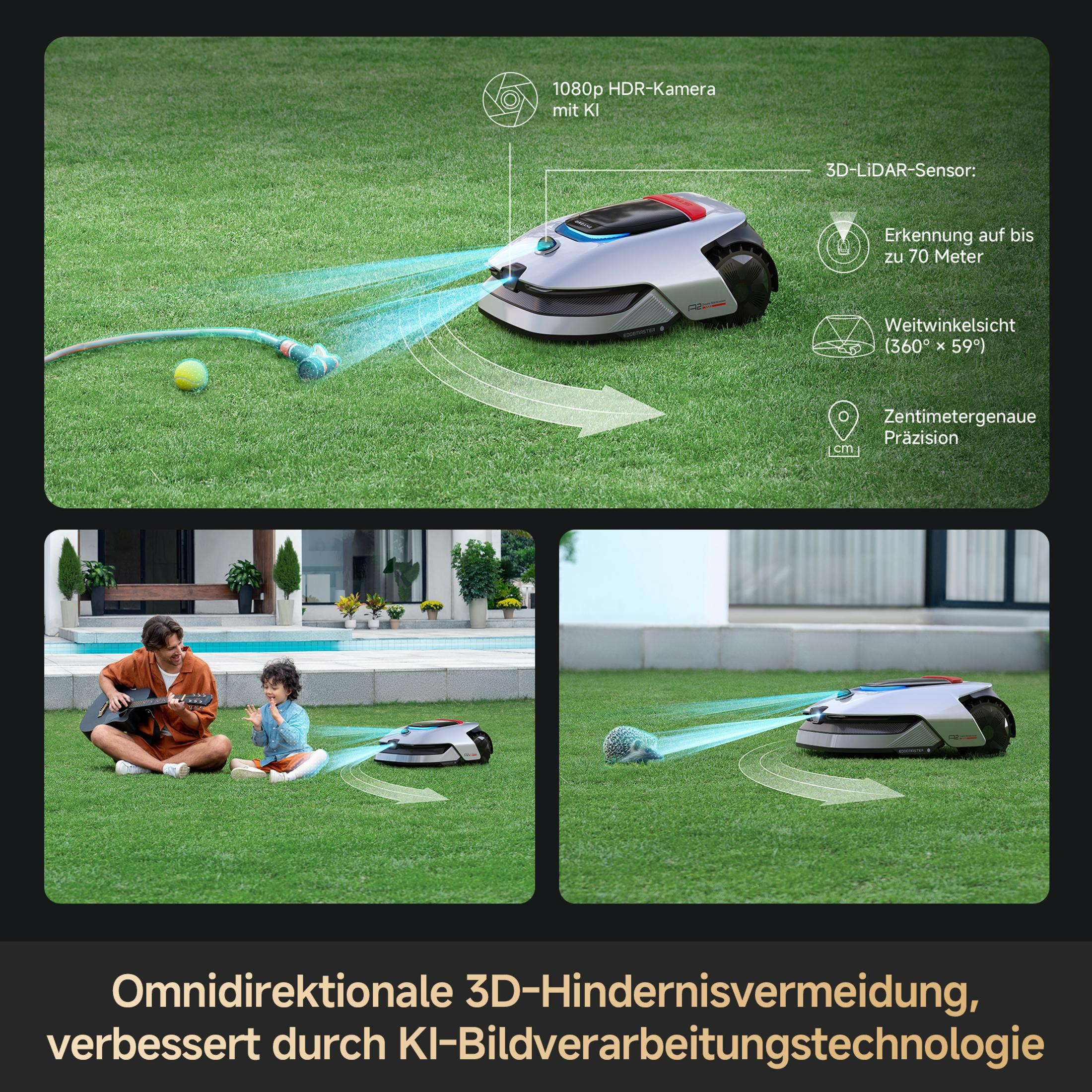 Un robot cortacésped con cámara IA y sensor LiDAR 3D en un césped.