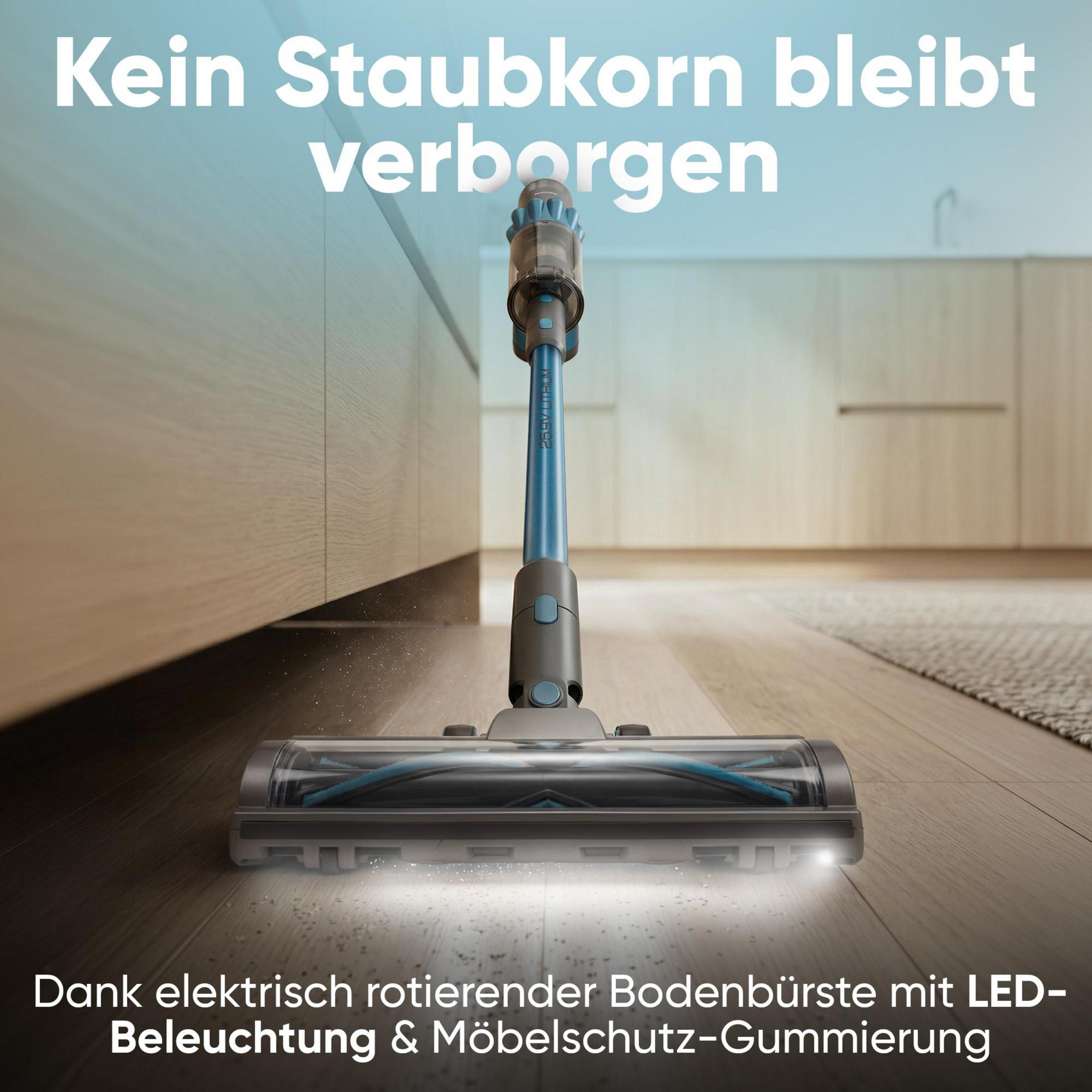 Ein blauer Staubsauger mit LED-Bürste reinigt einen Holzboden.