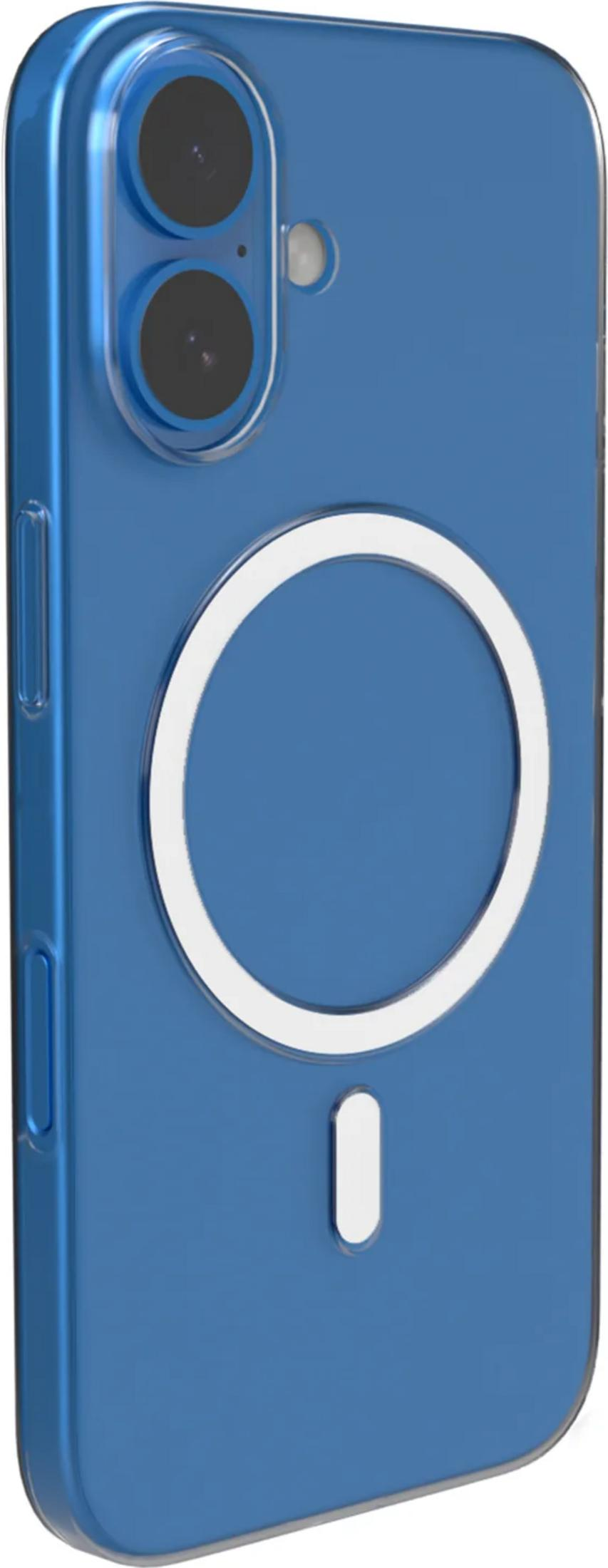 Blaue Handyhülle mit zwei Kameralinsen und einem weißen Kreis.