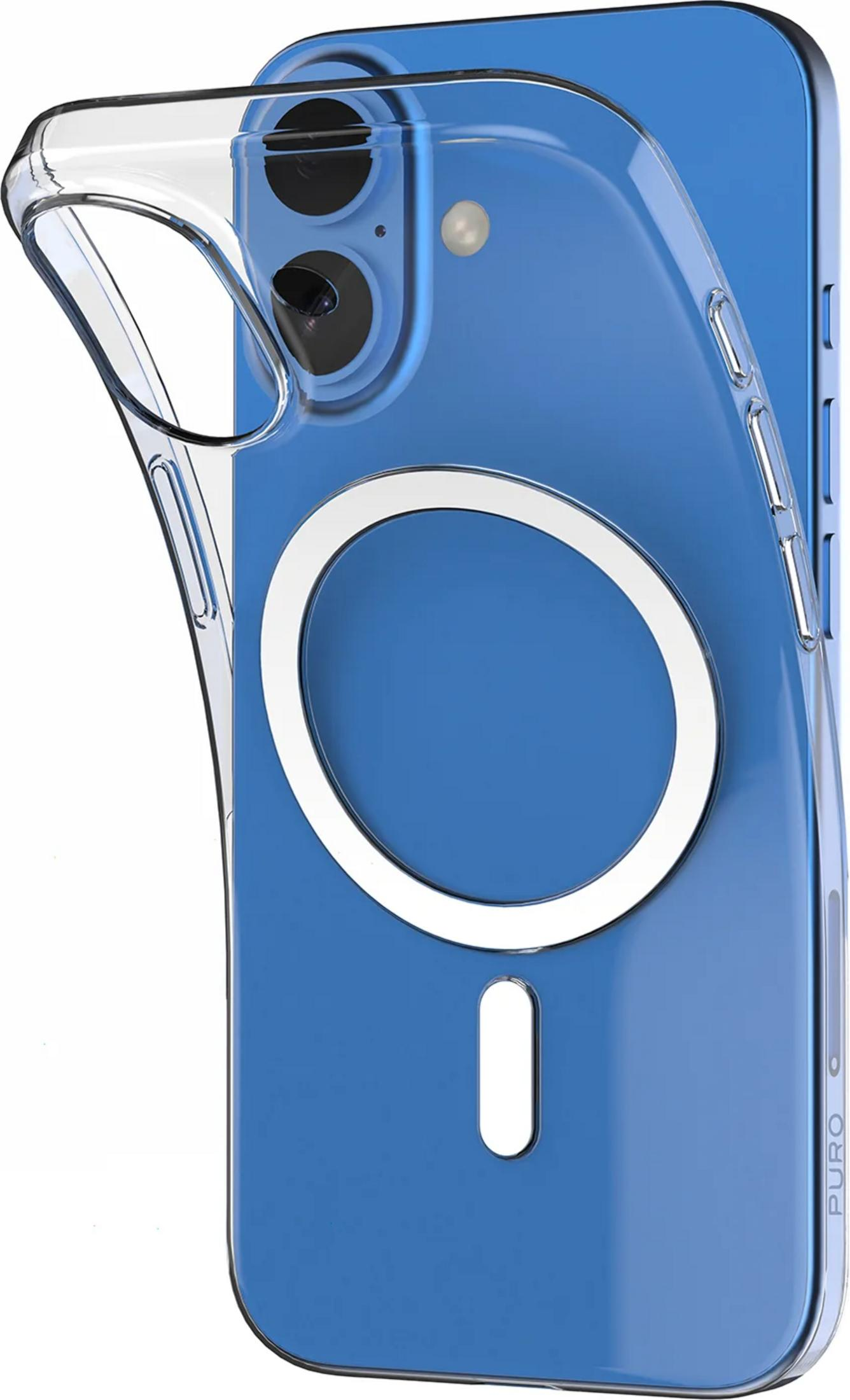 Ein transparenter Handyschutz mit silbernem Magnetring auf blauem Hintergrund.
