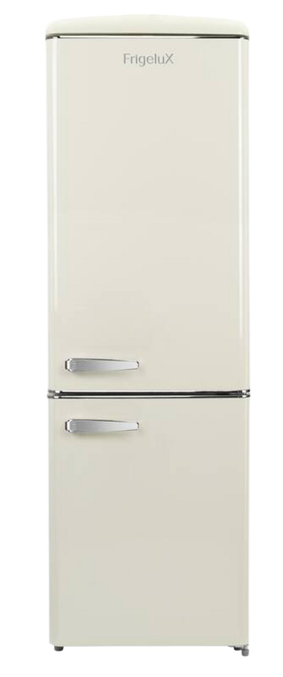 Ein cremefarbener Kühlschrank mit zwei silbernen Griffen und dem FrigeluX-Logo.