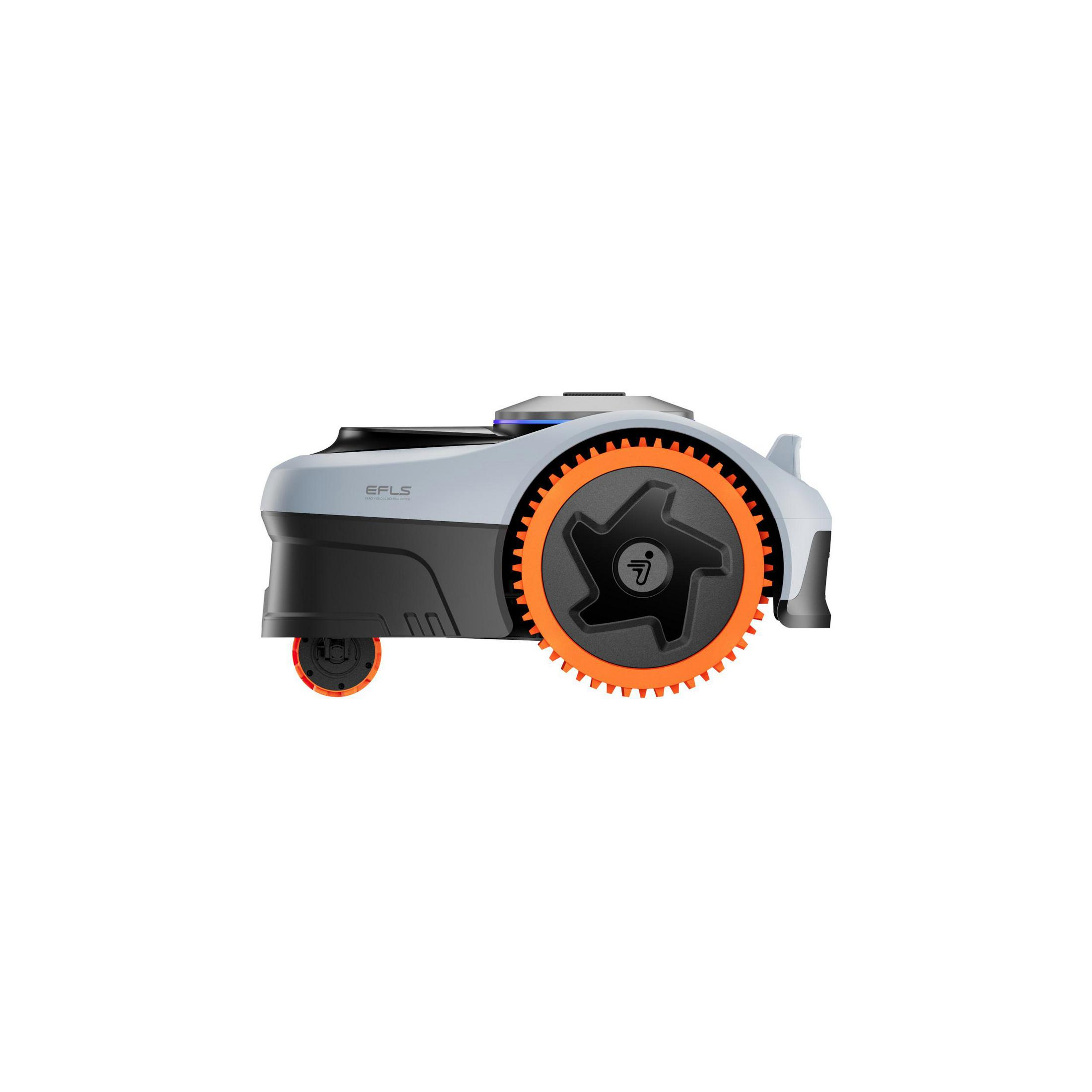 Ein grauer Rasenroboter mit orangefarbenen Rädern steht auf weißem Hintergrund.