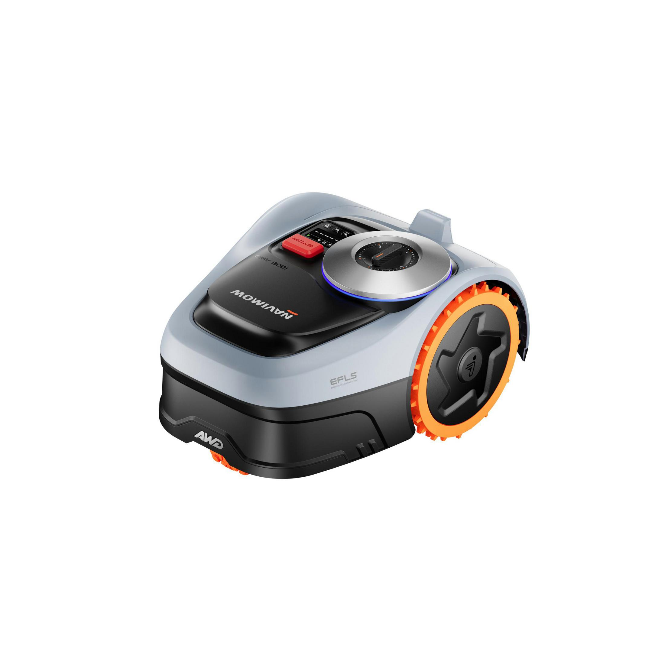 Ein grauer Mähroboter mit orangefarbenen Rädern und schwarzem Gehäuse.