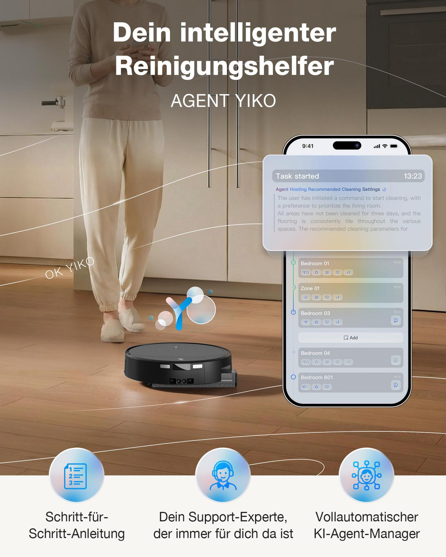 Un aspirateur robot avec contrôle d'application et affichage texte pour le nettoyage.