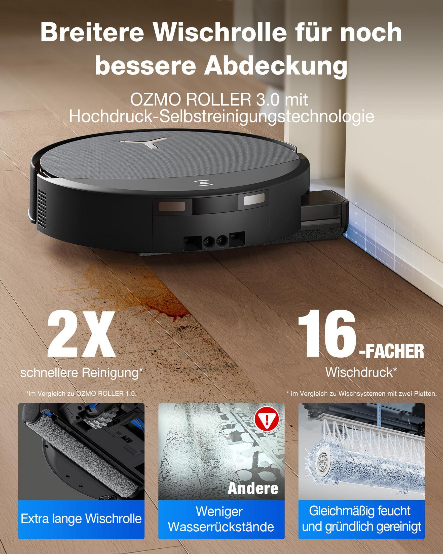 Un robot aspirateur avec serpillière plus large nettoie les parquets, montrant un nettoyage 2x plus rapide et 16x de pression.