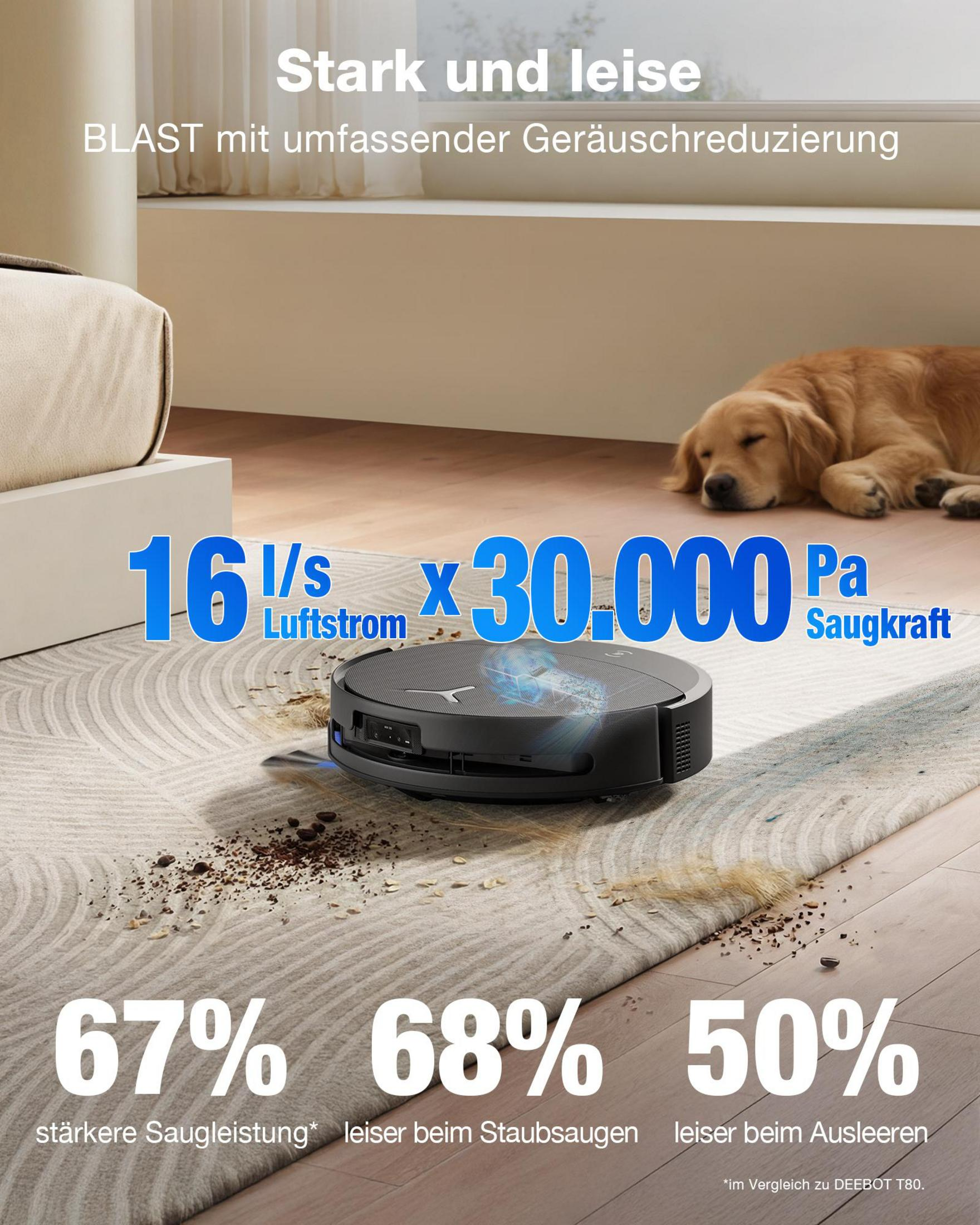 Un aspirateur robot nettoie un tapis pendant qu'un chien dort en arrière-plan.