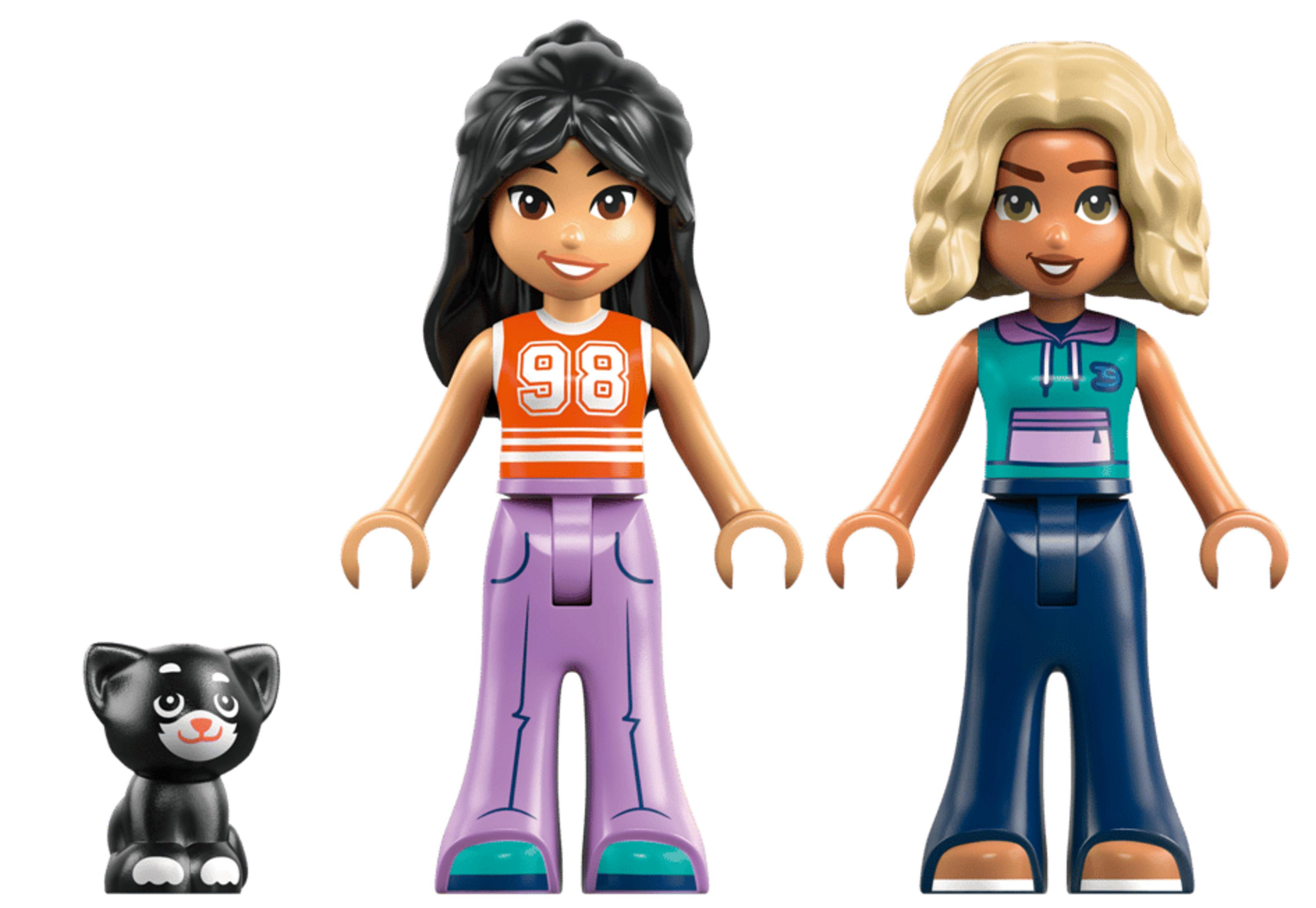 Un gatto Lego nero e due bambine Lego in abiti colorati.