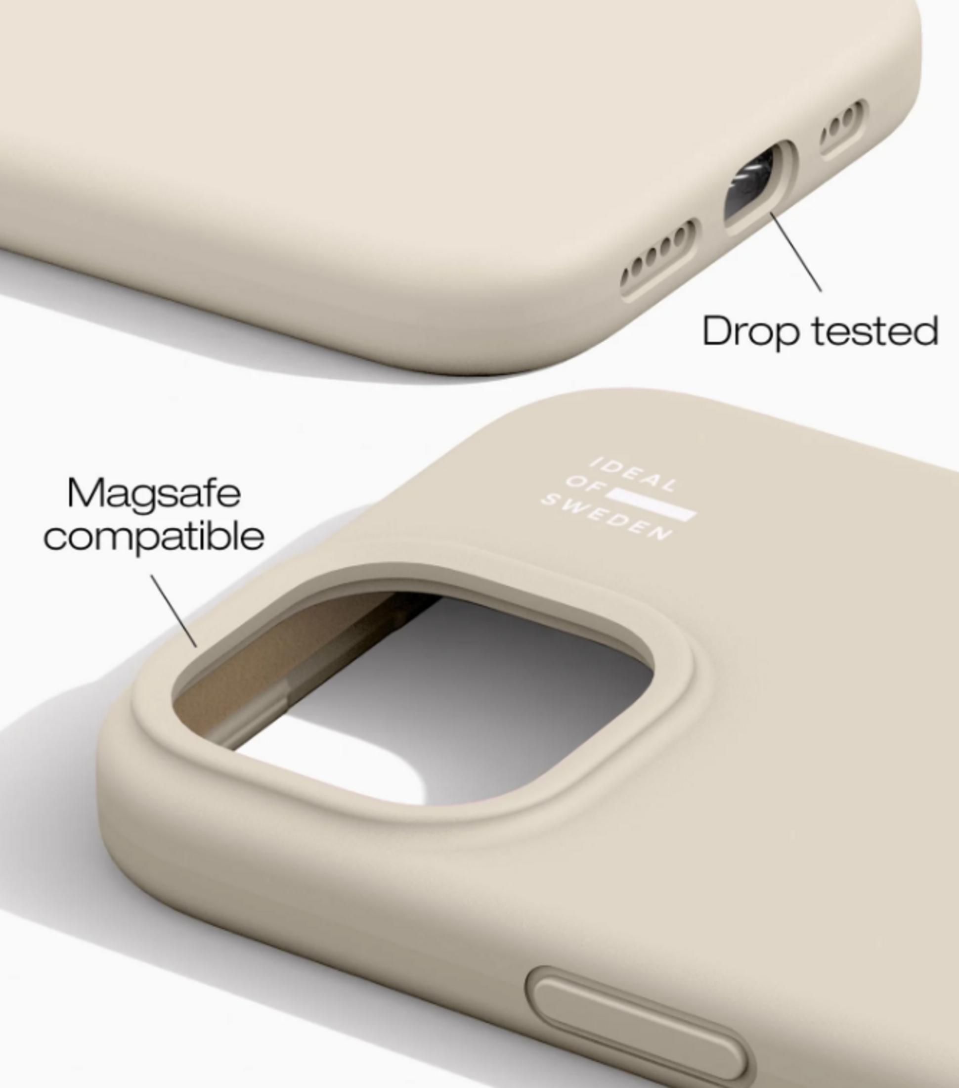 Ein hellbeiges Handycover mit "IDEAL OF SWEDEN" Logo, MagSafe und Falltest-Hinweisen.
