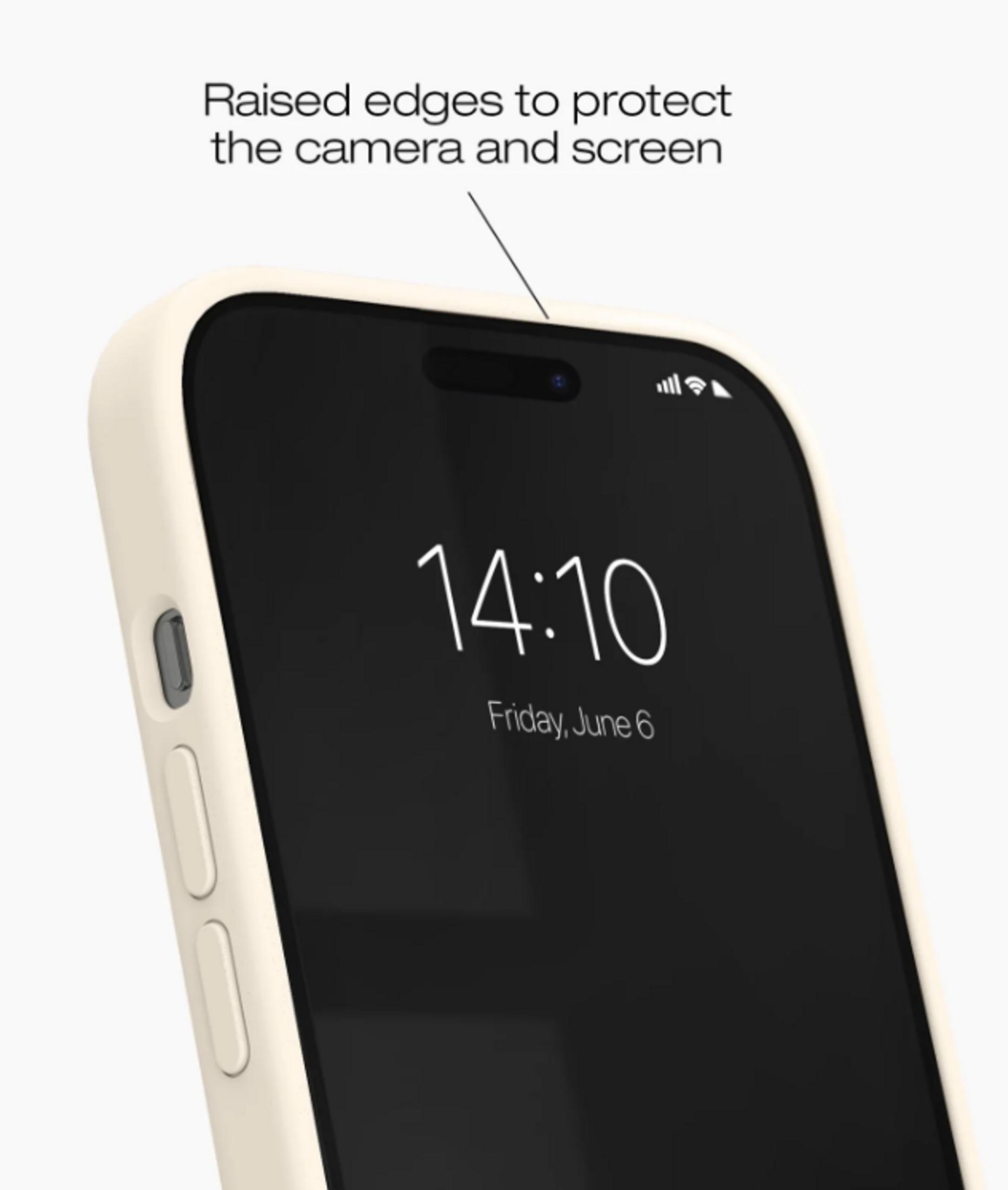 Ein cremefarbenes Handy mit schwarzem Bildschirm, auf dem 14:10 steht.