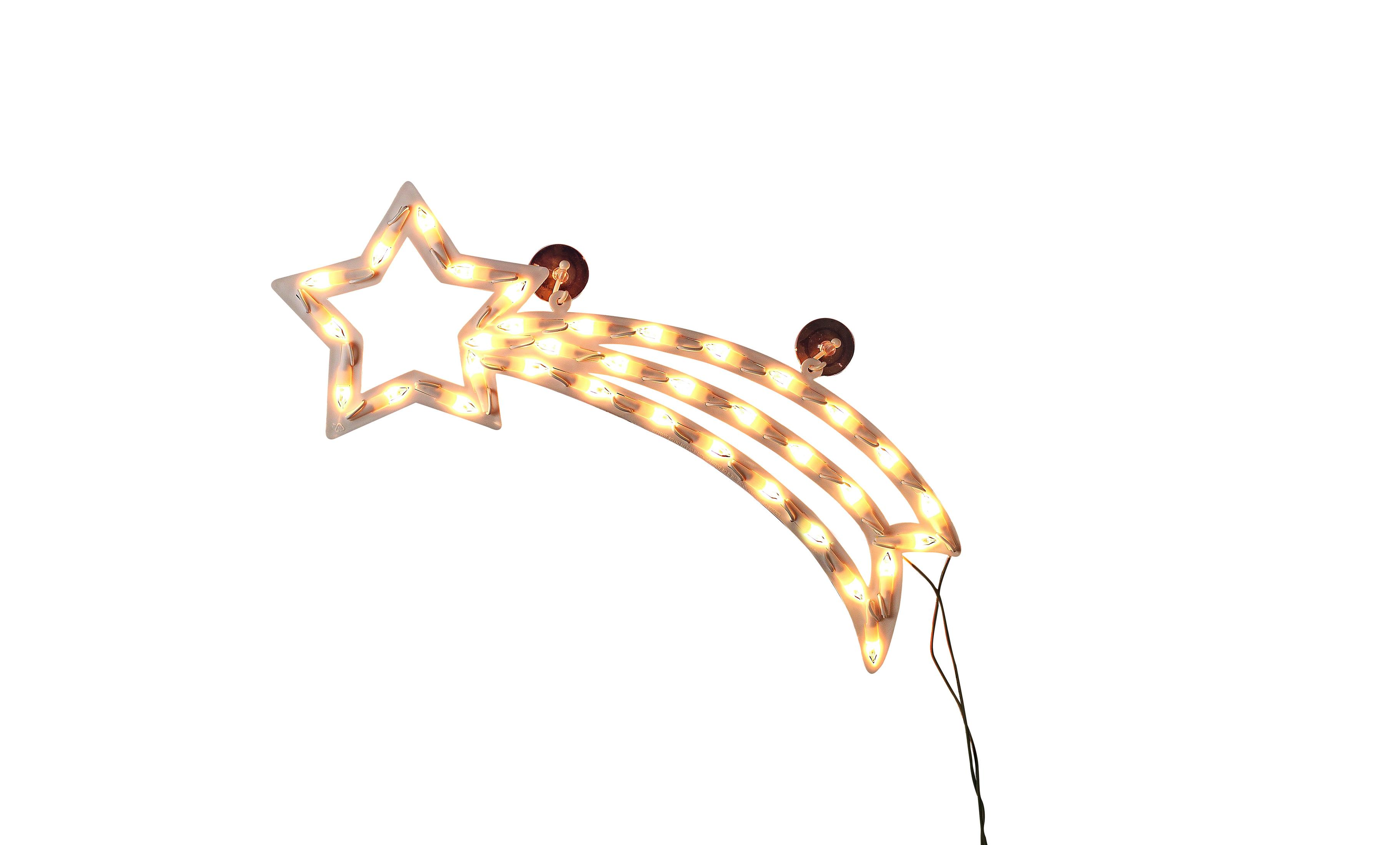 Una luminosa decorazione a stella cadente con lampadine su sfondo bianco.