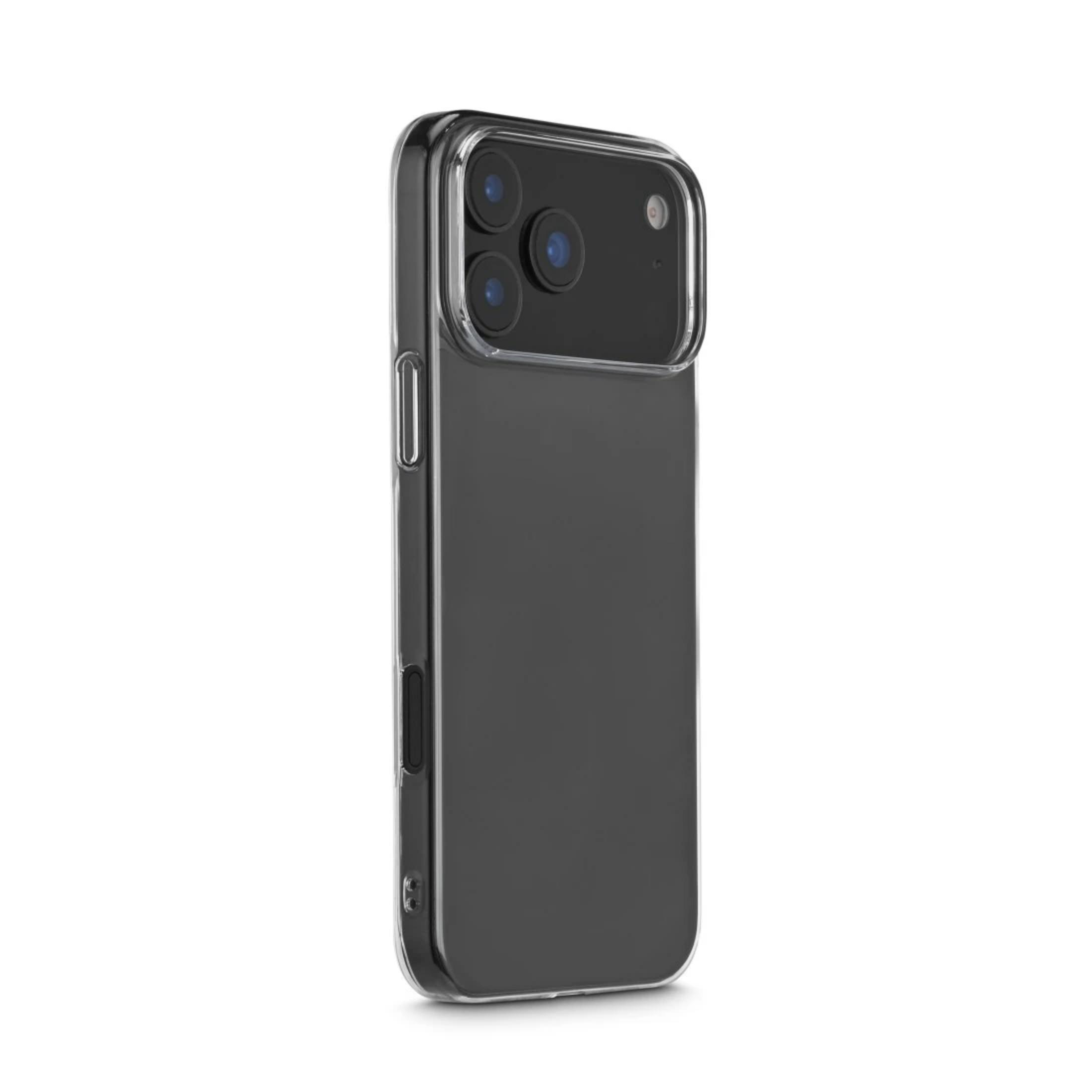 Ein schwarzes Smartphone in einer transparenten Hülle, von hinten gezeigt.