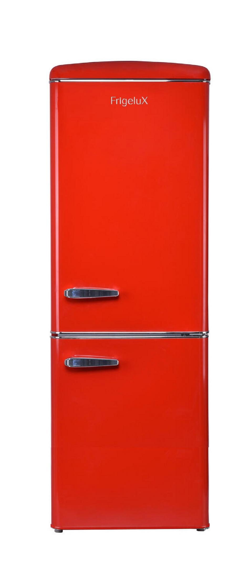 Ein roter Kühlschrank mit Chromgriffen und FrigeluX-Logo.