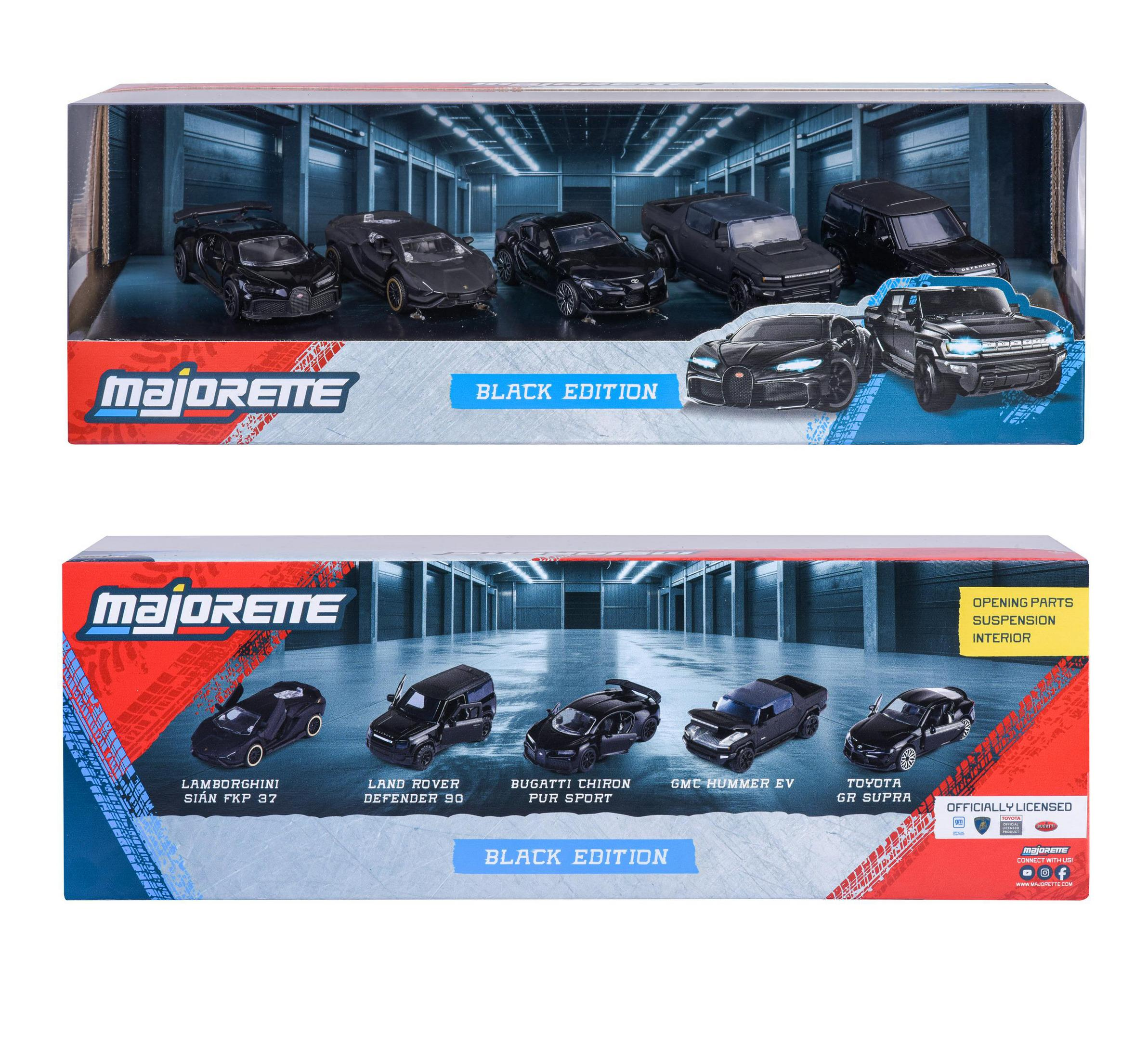 Majorette Black Edition Spielzeugautos: Lamborghini, Land Rover, Bugatti, Hummer, Toyota.