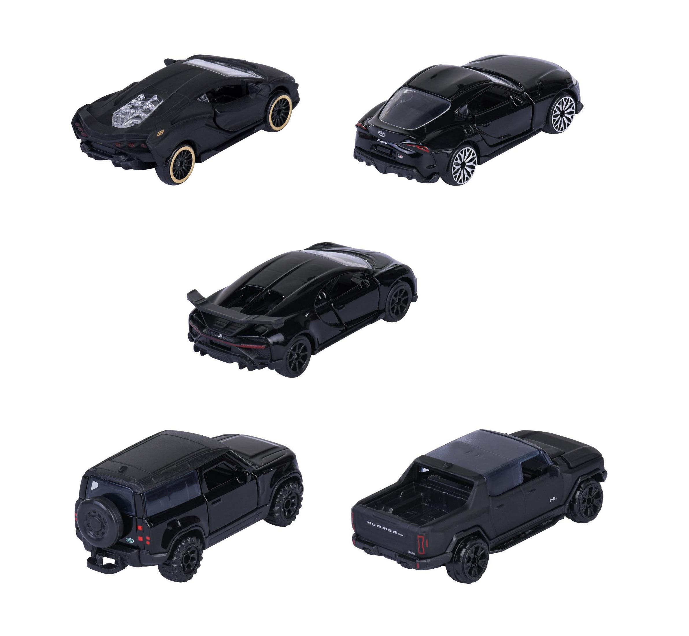 Fünf schwarze Spielzeugautos: Sportwagen, SUV und Pickup-Truck.