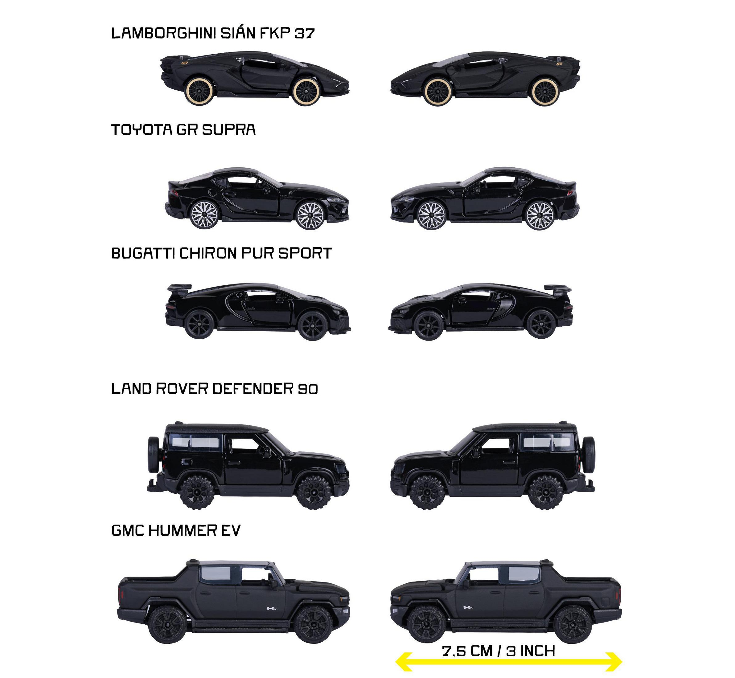 Fünf schwarze Spielzeugautos: Lamborghini, Supra, Bugatti, Defender, Hummer.