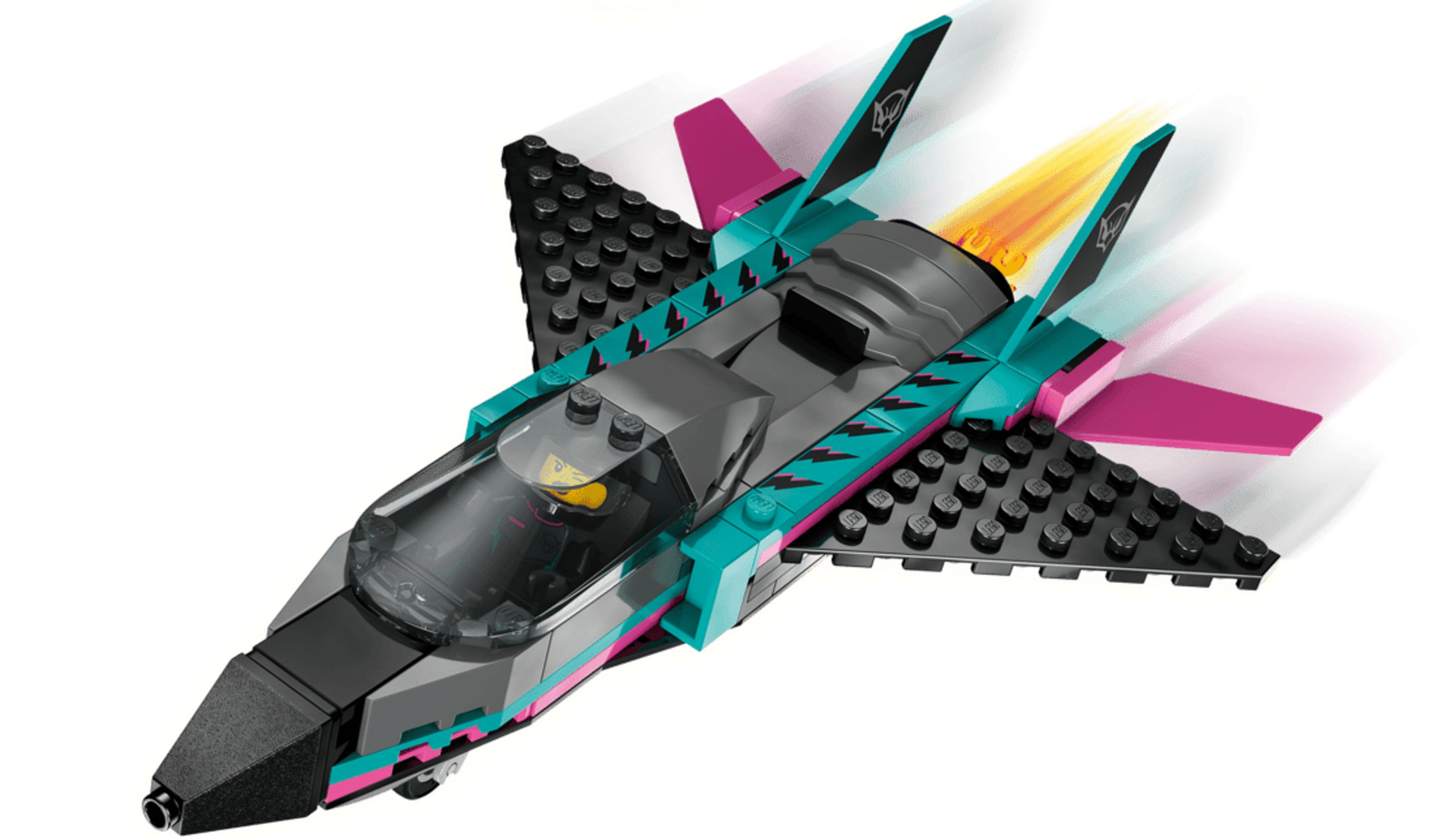 Ein teal- und pinkfarbenes Lego-Kampfflugzeug mit einem Piloten im Cockpit fliegt.