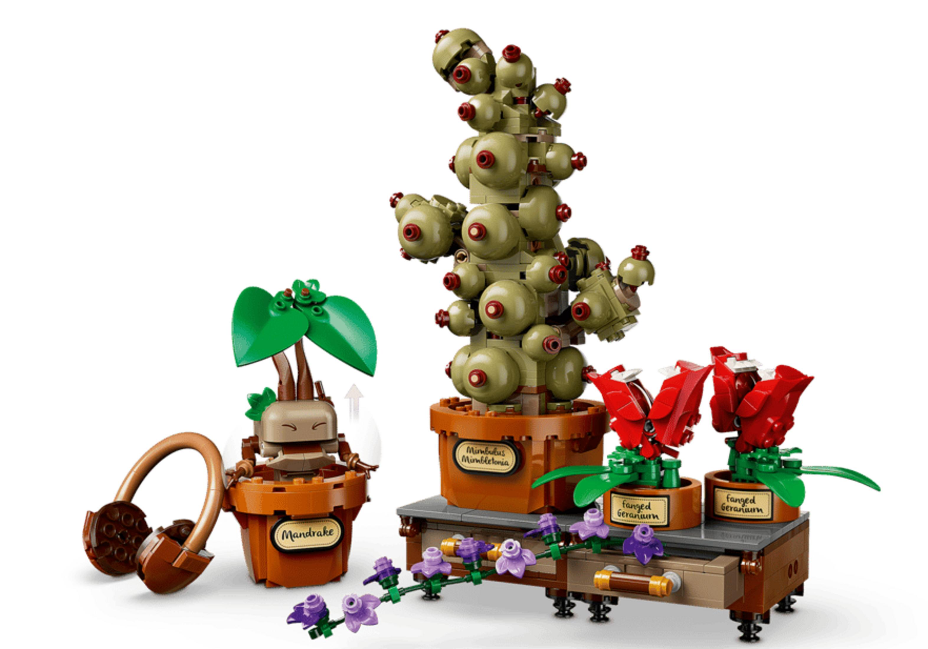 Modelli LEGO di un Mandragora, Mimbletonia e due Gerani Zannati.