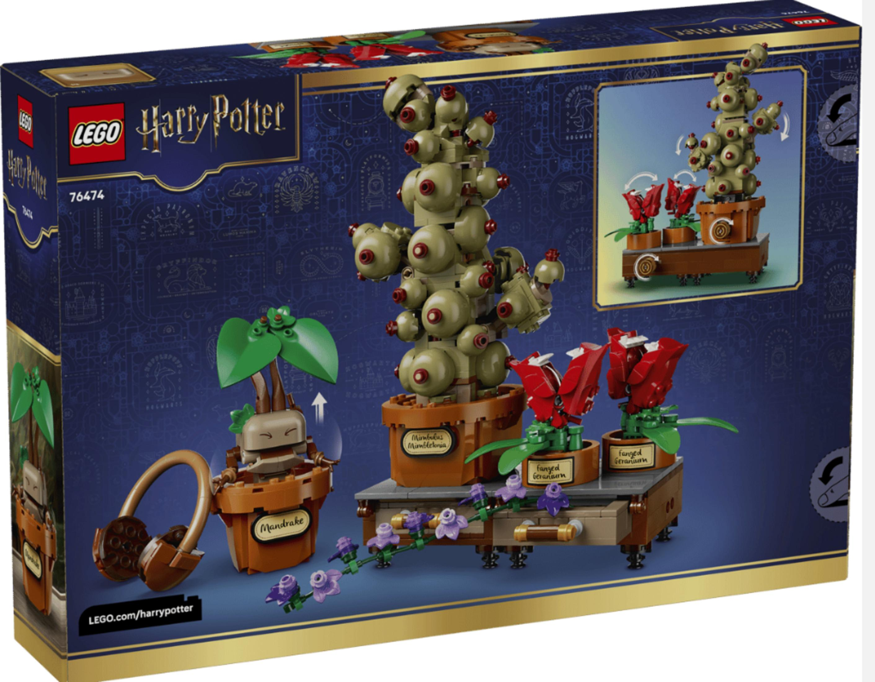 Set LEGO Harry Potter con Mandragola, Mimbulus Mimbletonia e Geranio Zannuto.