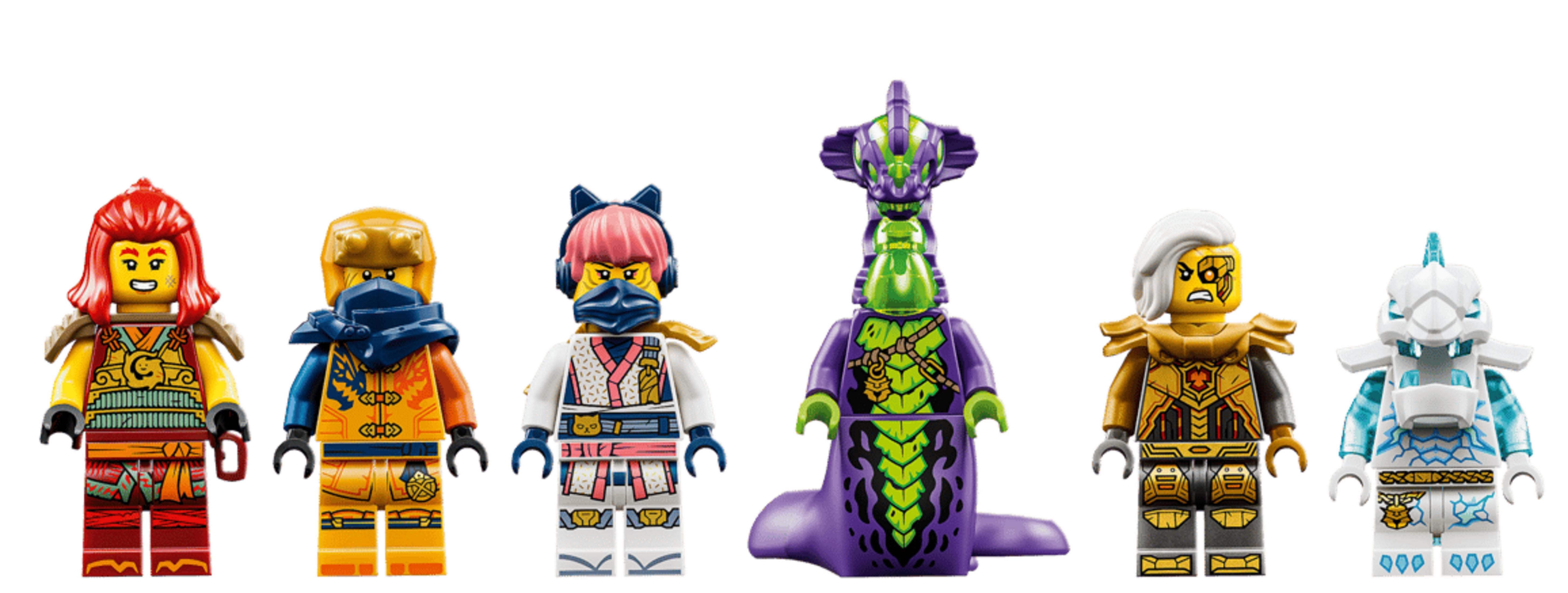 Seis figuras de Lego: tres guerreros, un dragón y dos robots.