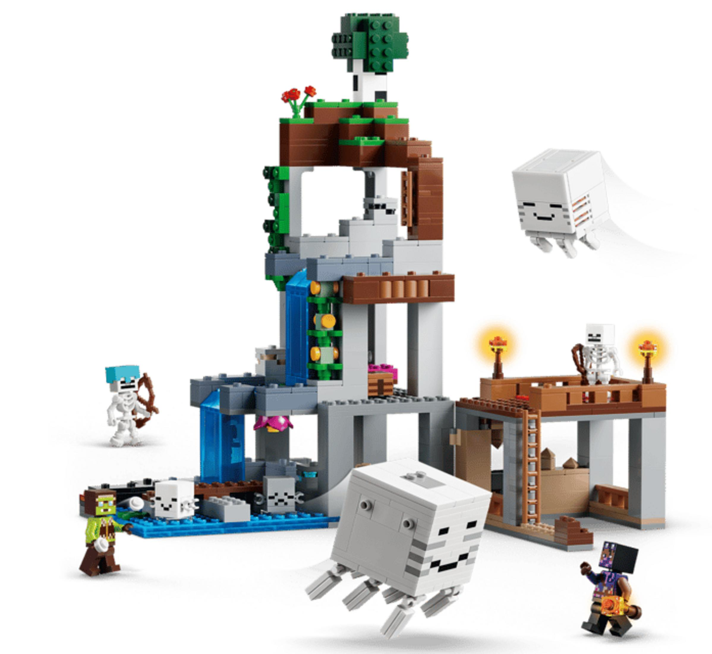 Escena de Lego Minecraft con esqueletos, ghasts, un zombi y estructuras.