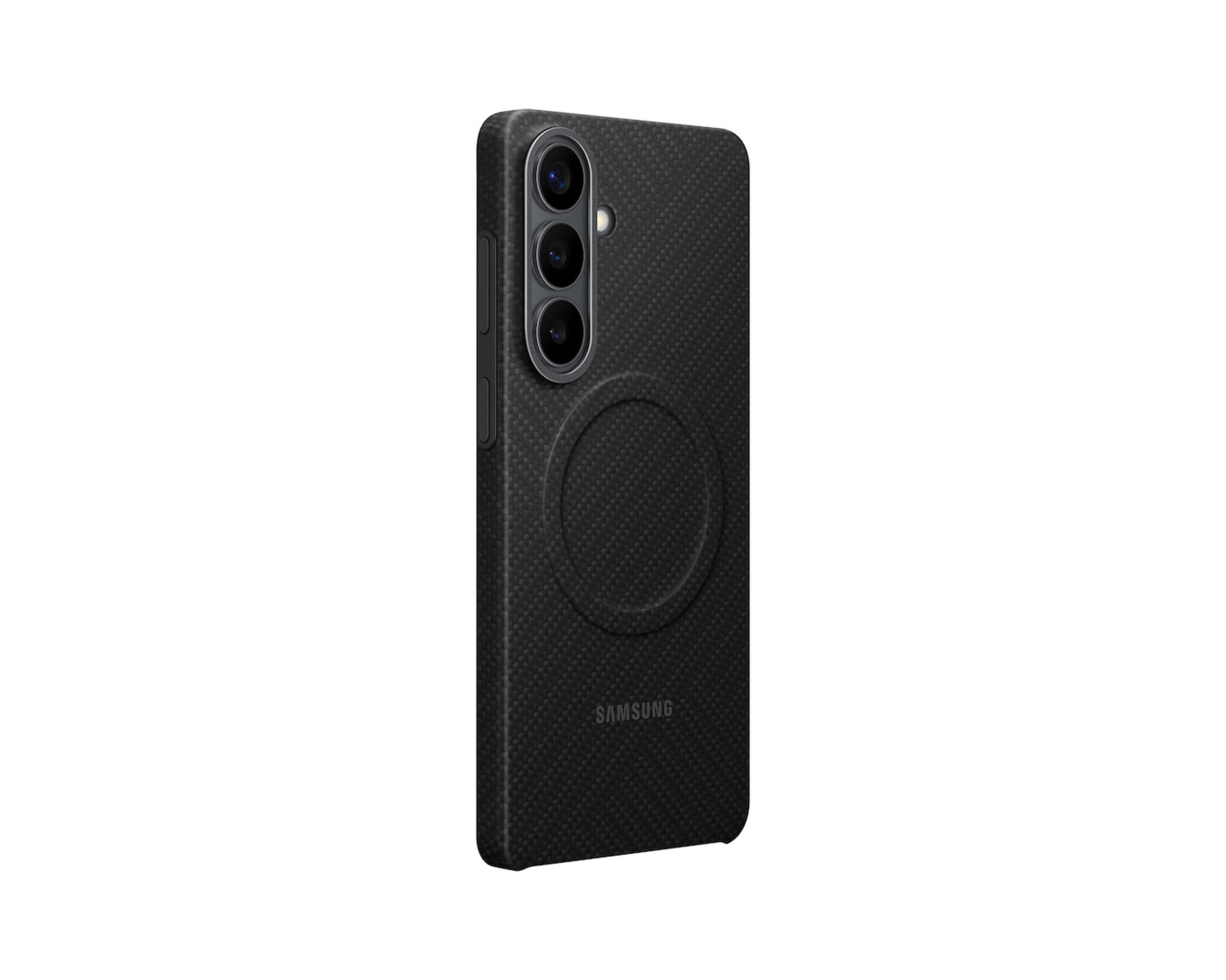 Zwarte telefoonhoes met drie cameralenzen en Samsung-logo.