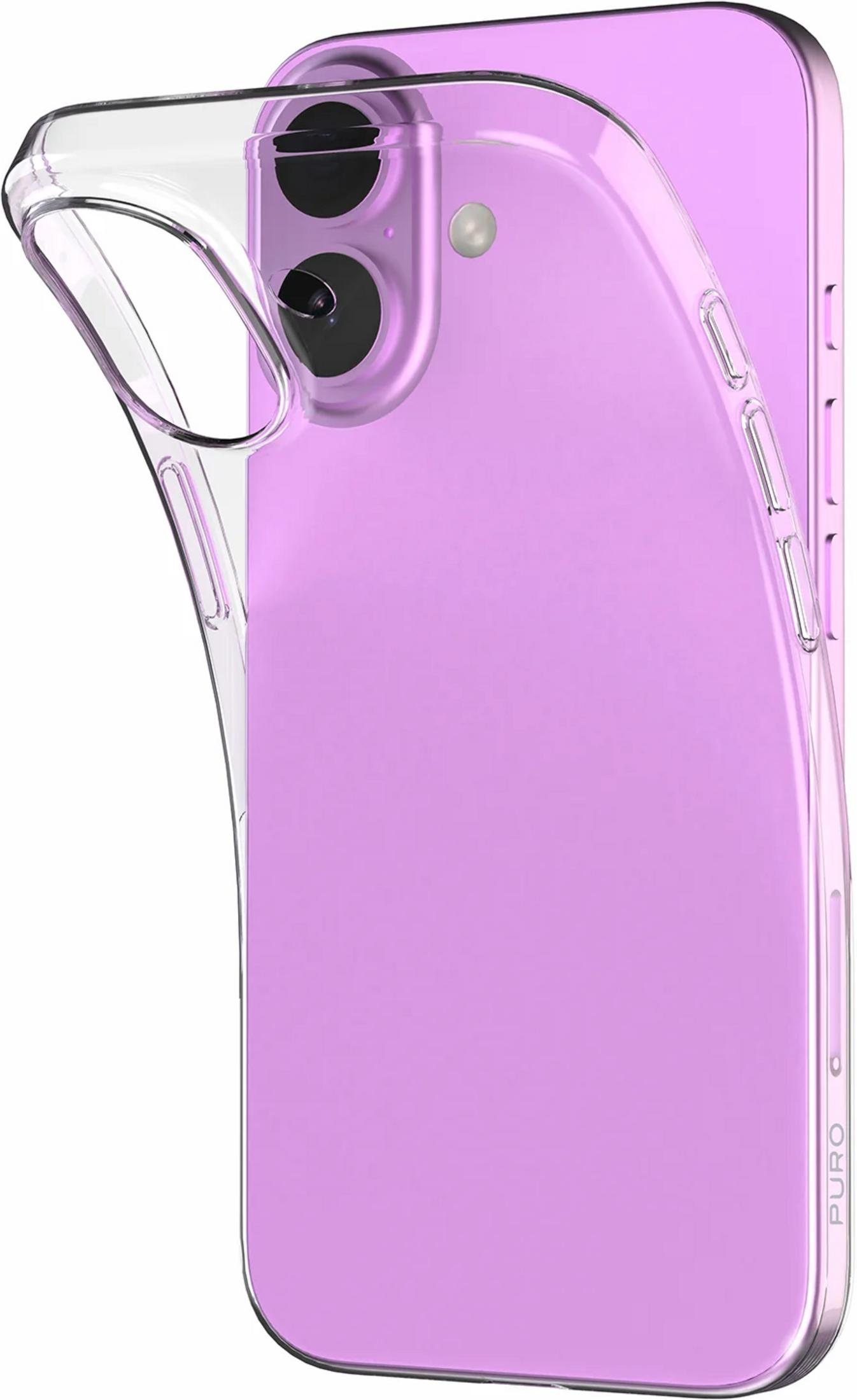 Custodia trasparente su un telefono viola, vista posteriore con fotocamere.