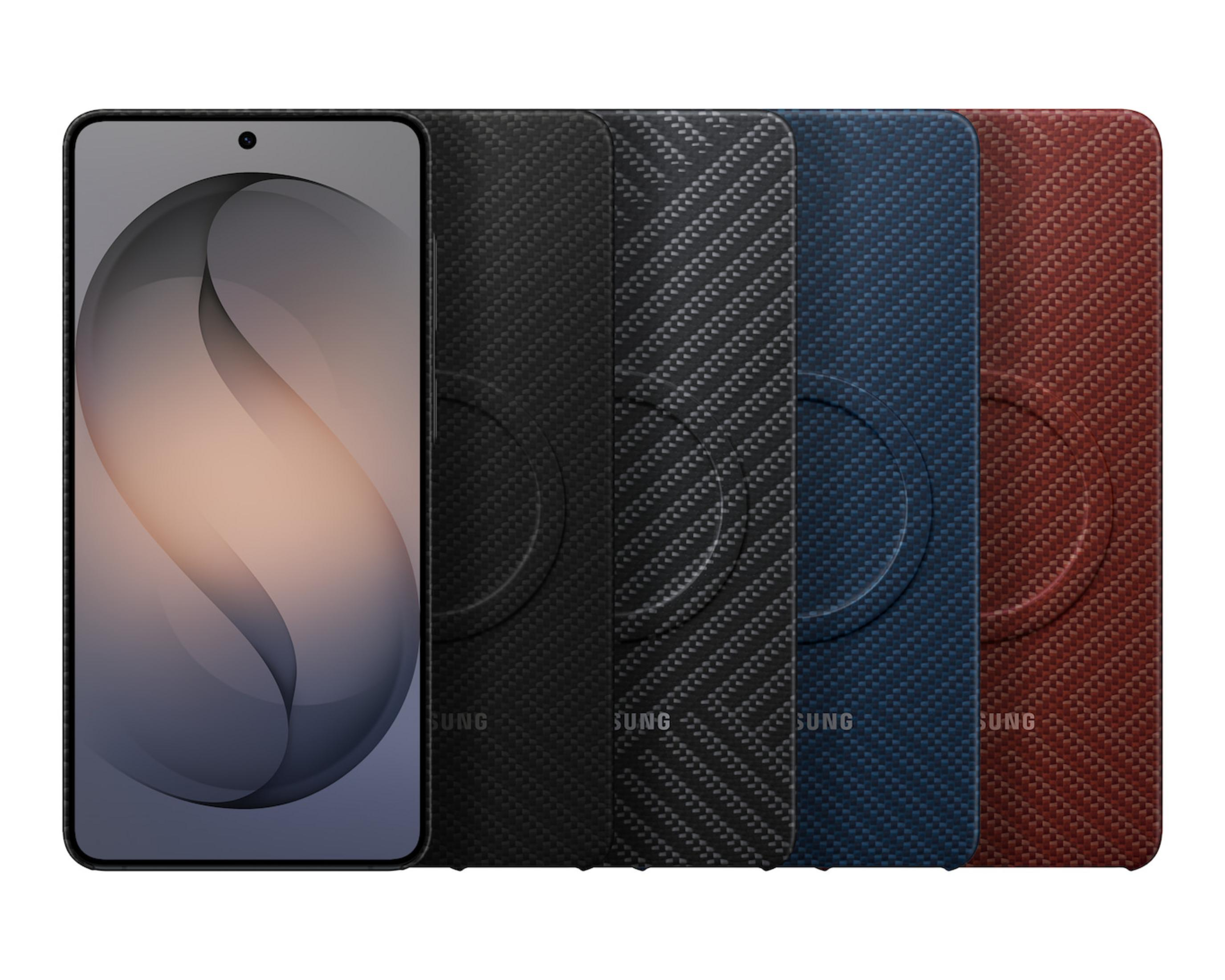 Een smartphone met een gestileerde achtergrond en vier telefoonhoesjes ernaast.