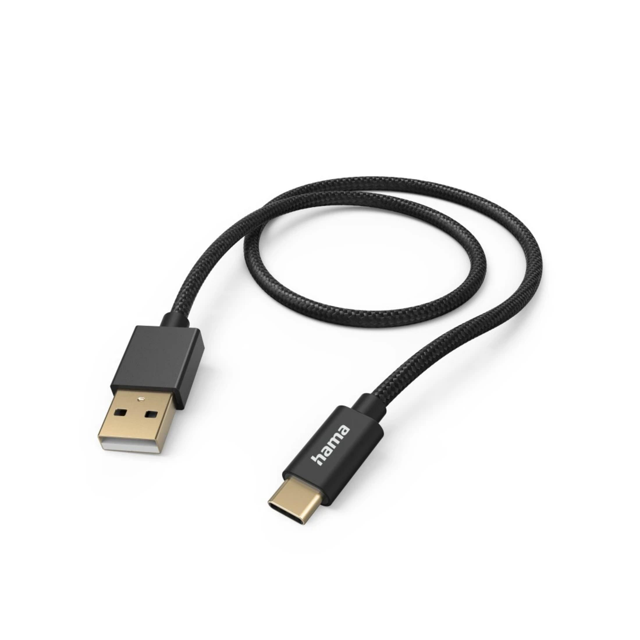 Cavo USB-C nero con connettore USB-A su sfondo bianco.