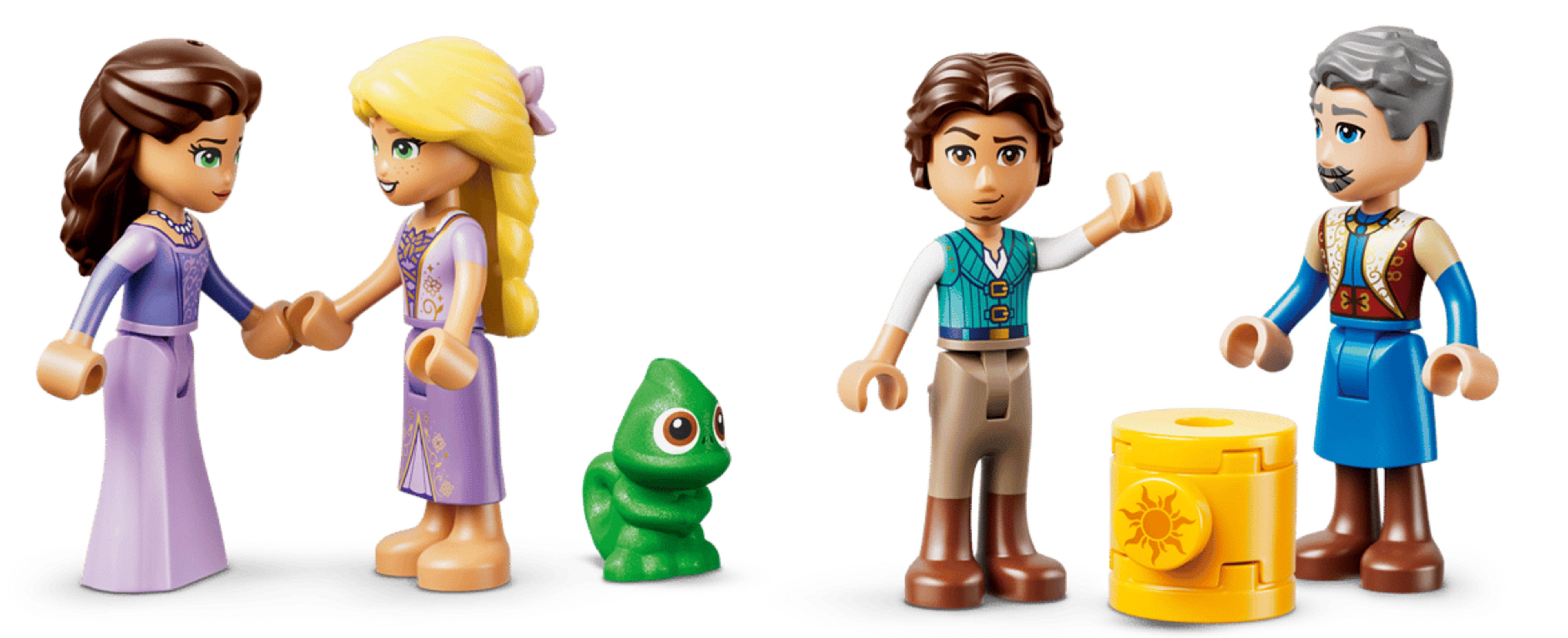 Cztery figurki Lego: dwie kobiety, jeden mężczyzna, kameleon i żółty cylinder.