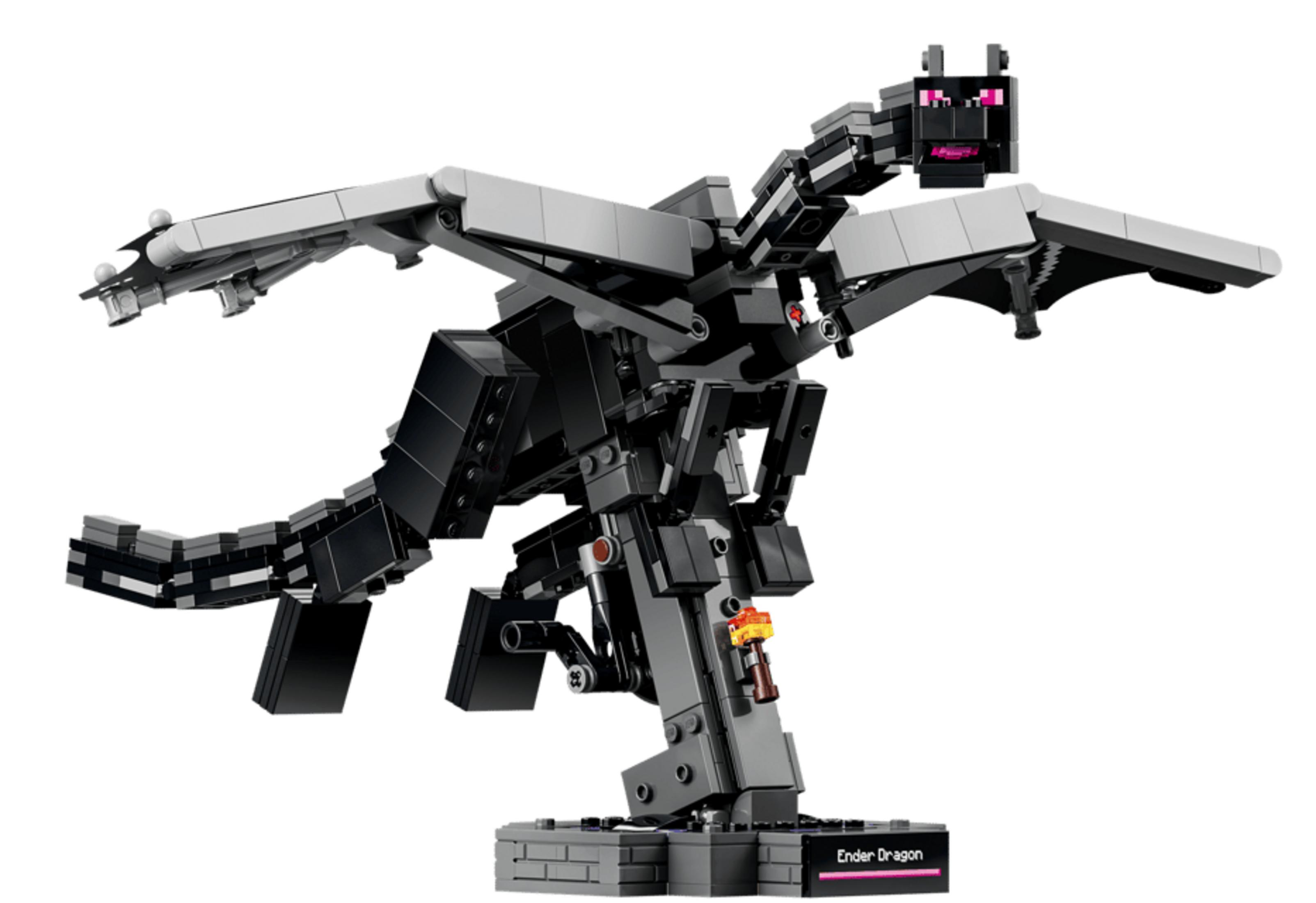 Un modello Lego di un Ender Dragon nero e grigio con occhi rosa.