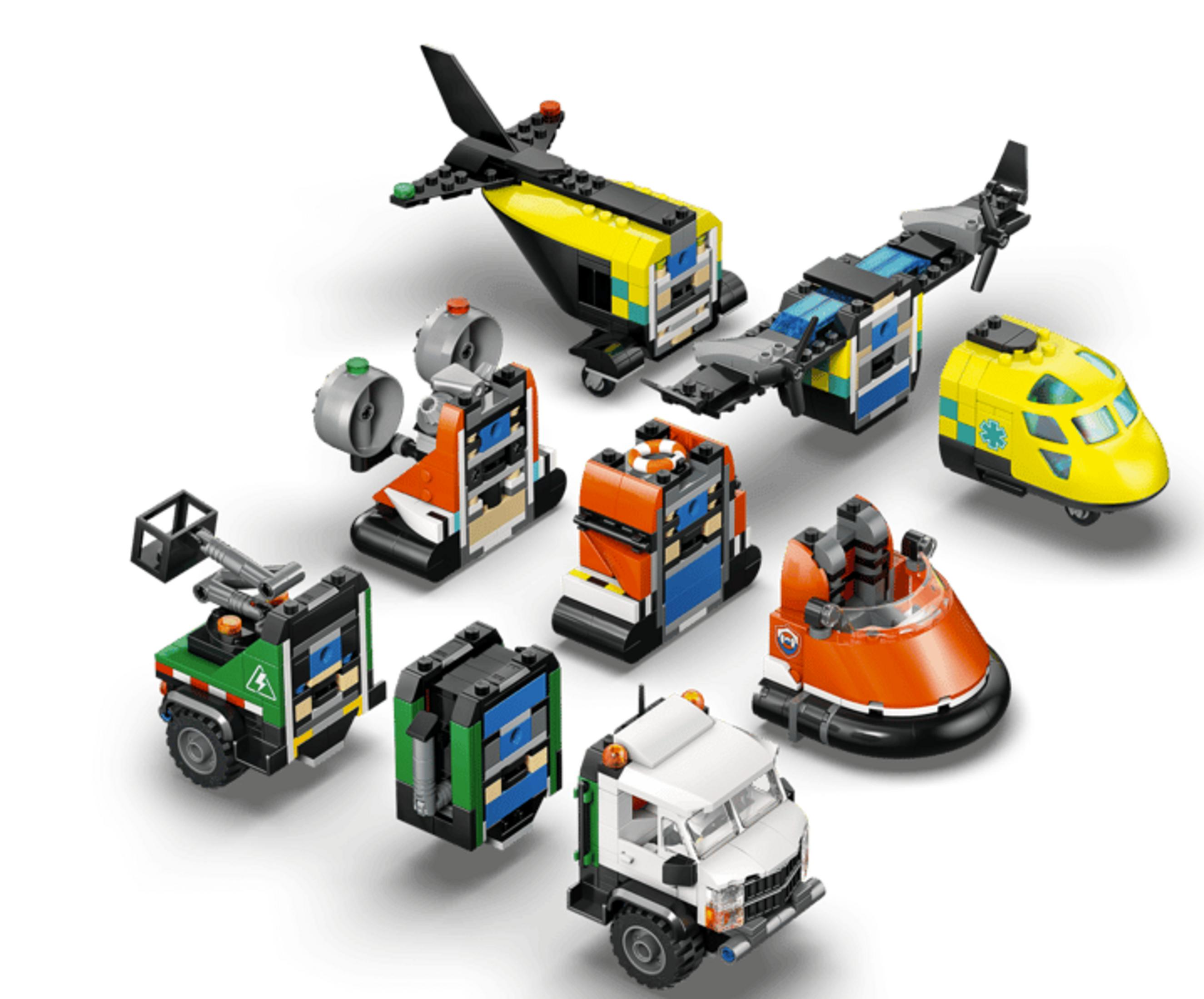 Mehrere Lego-Fahrzeuge: Krankenwagen, Polizeihelikopter, Müllwagen, Hovercraft.