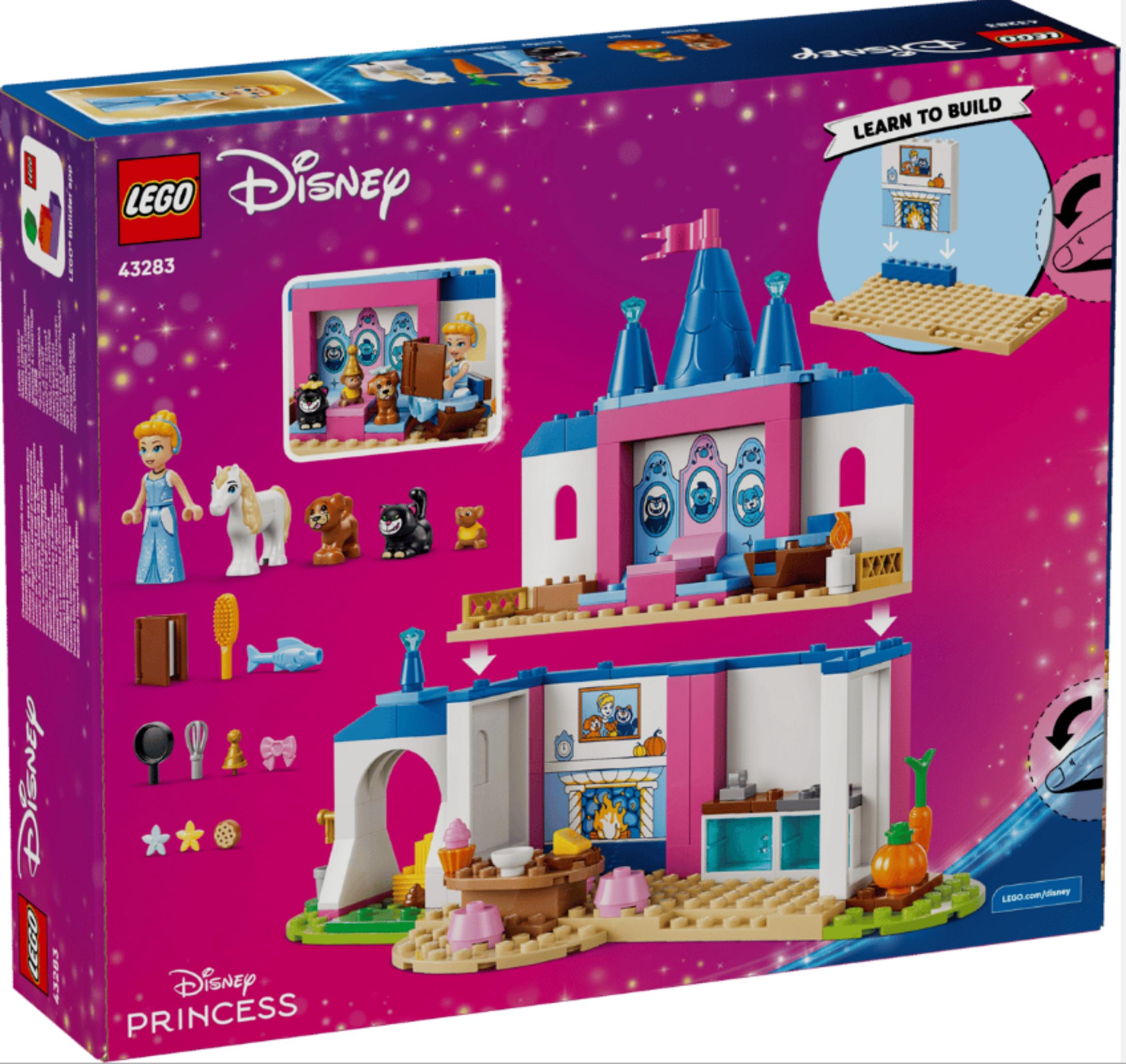 Set de castillo LEGO Disney con princesa, caballo, animales y accesorios sobre fondo rosa.