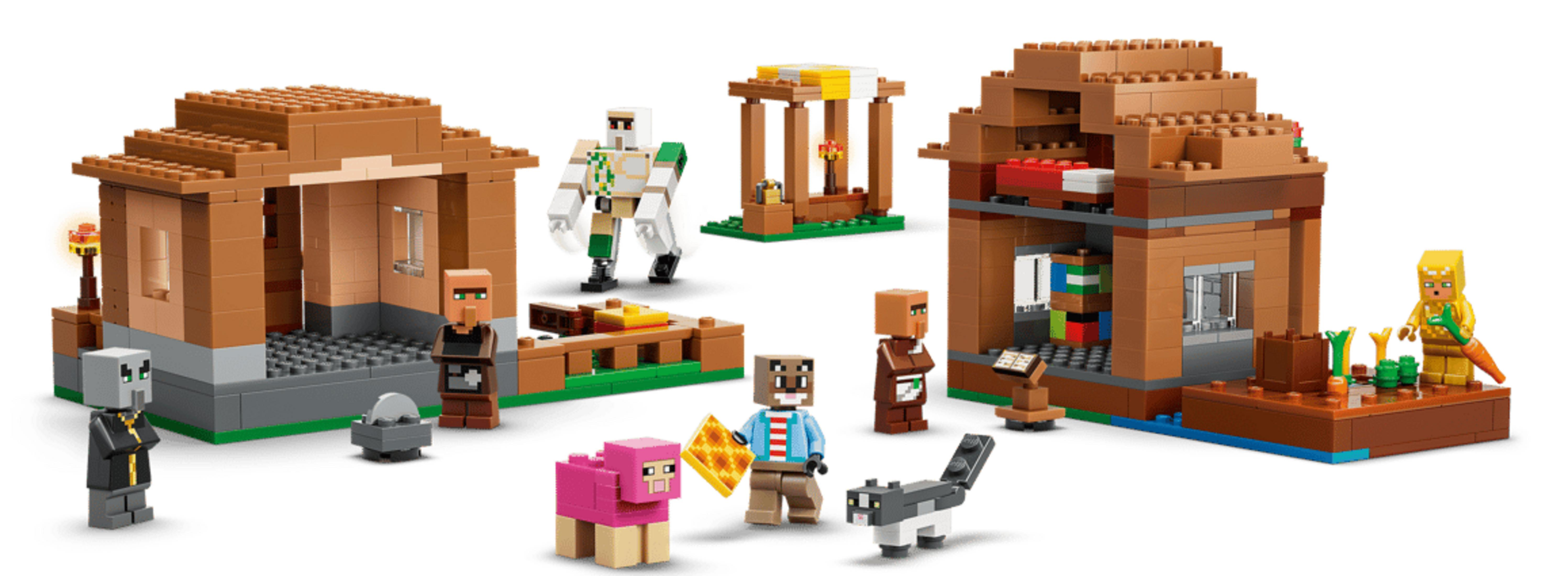Set Minecraft con abitanti del villaggio, un maiale, un lupo, un golem ed edifici.