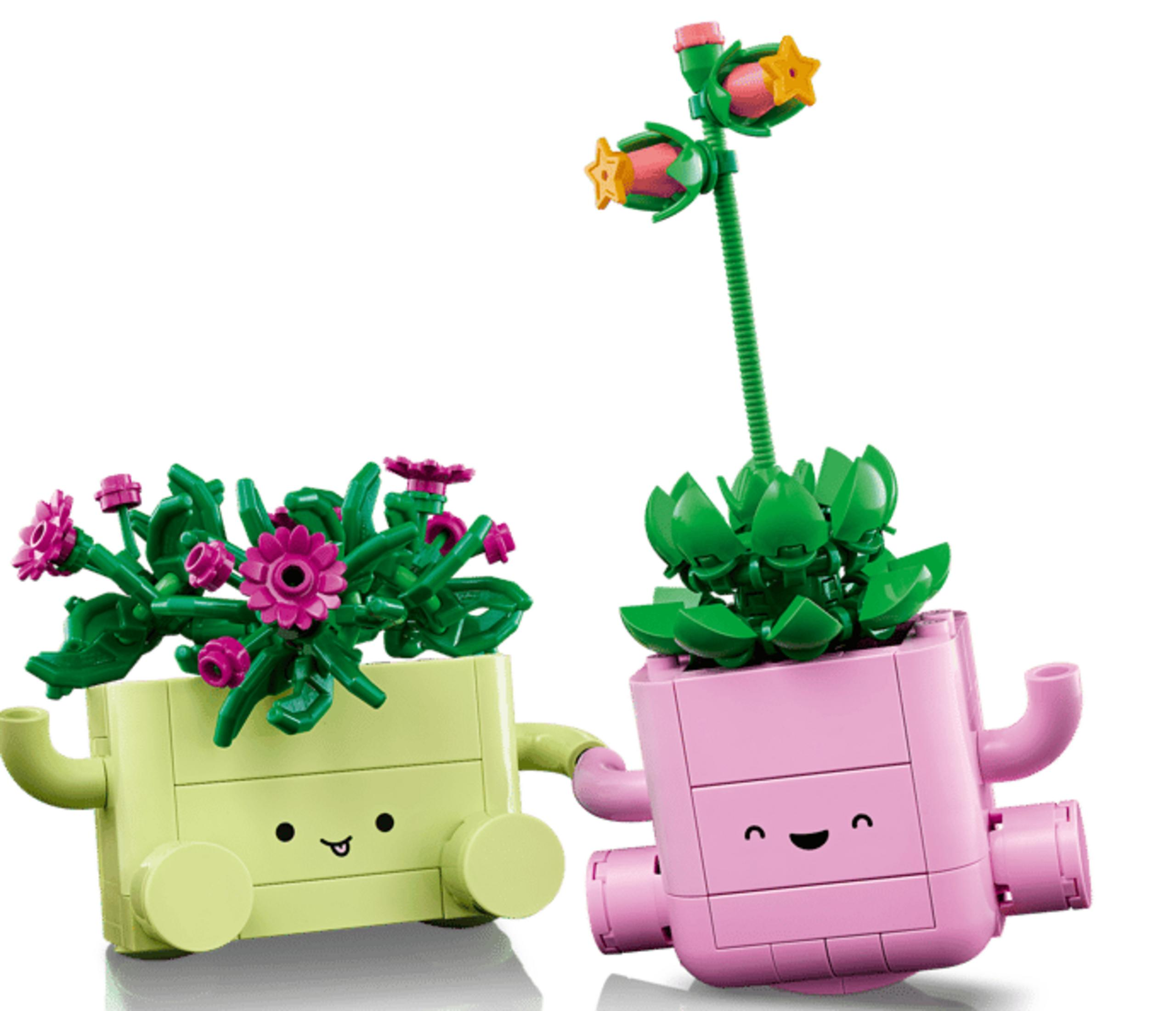 Dwie kolorowe rośliny Lego w doniczkach z twarzami i ramionami.