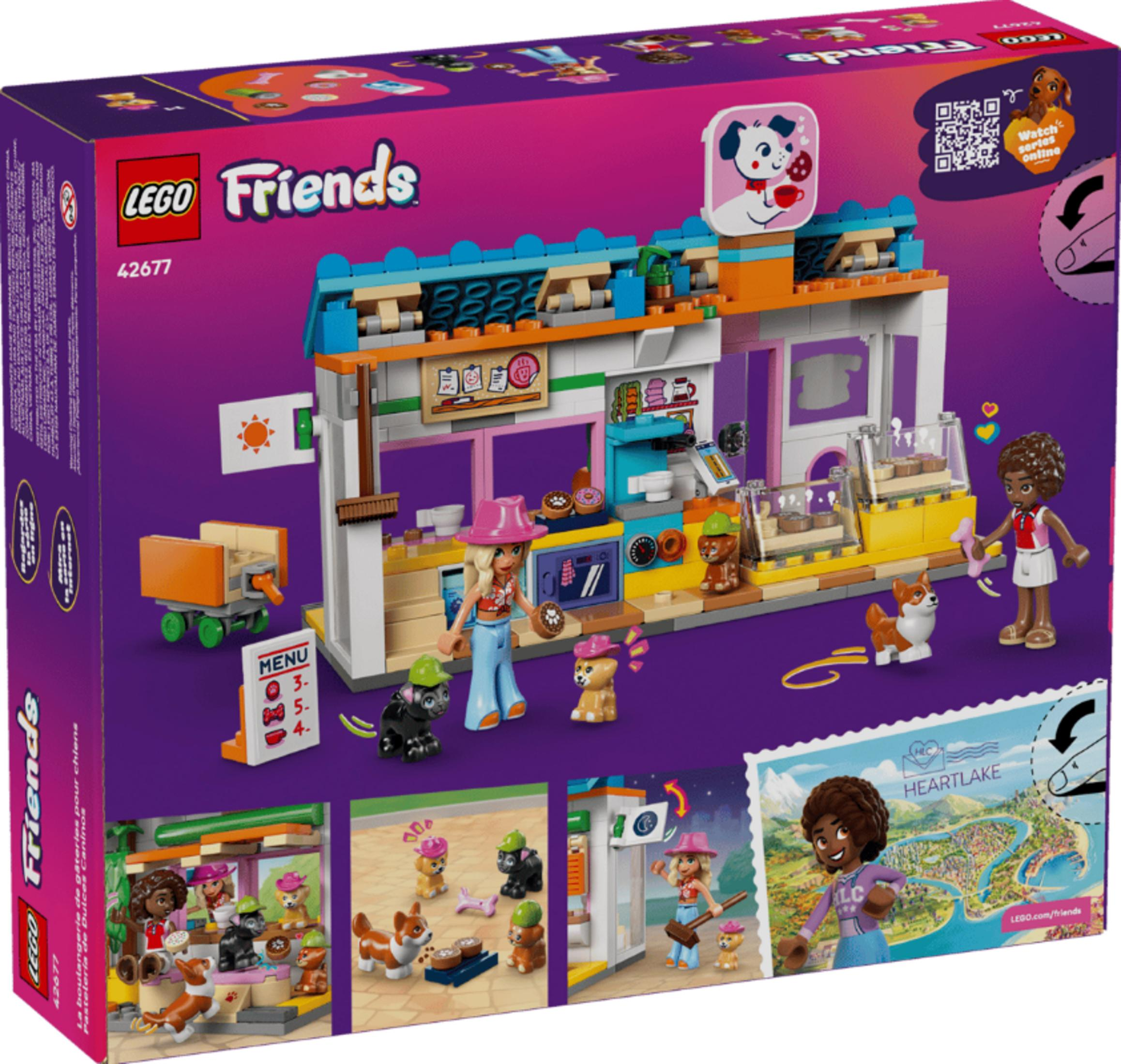 Verpackung für ein Lego Friends Hundebäckerei-Set mit Figuren und Zubehör.