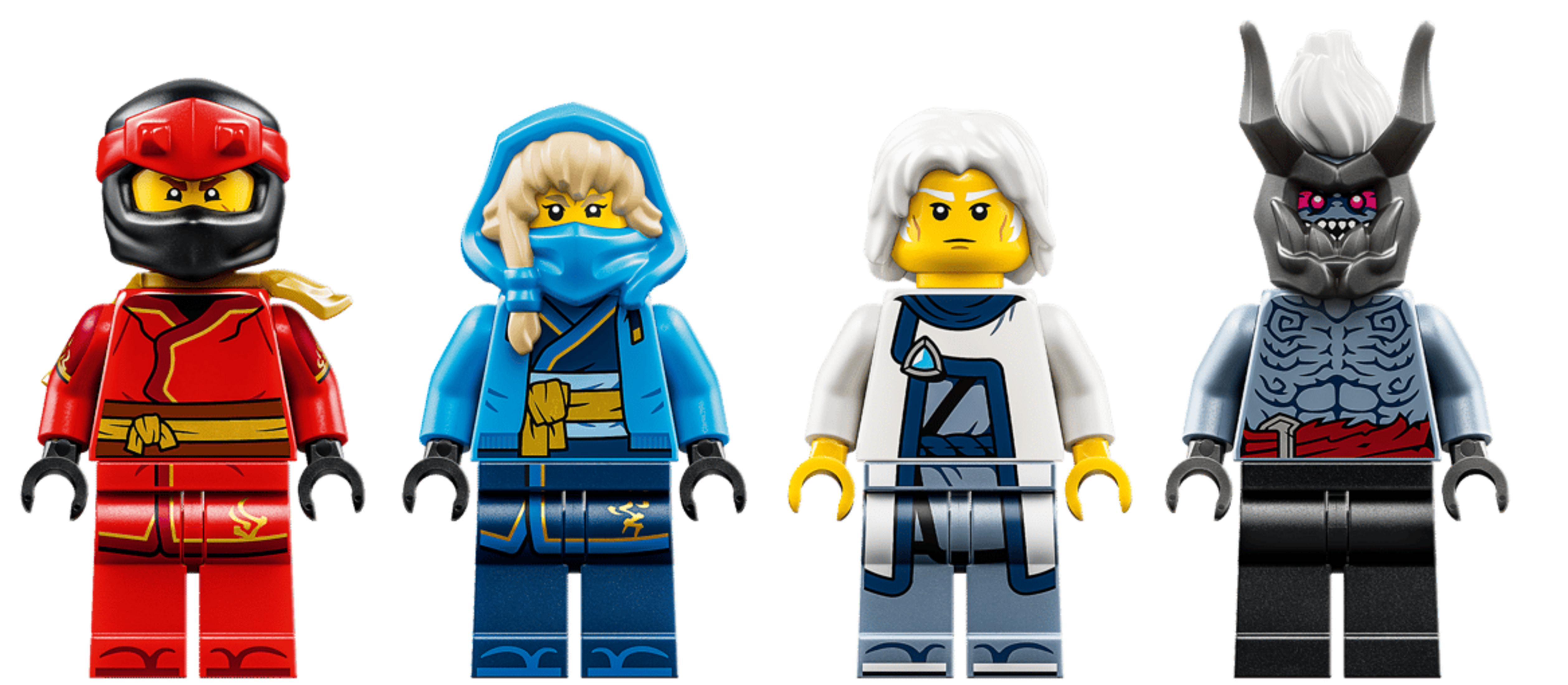 Cuatro figuras Ninjago: roja, azul, blanca y un monstruo.
