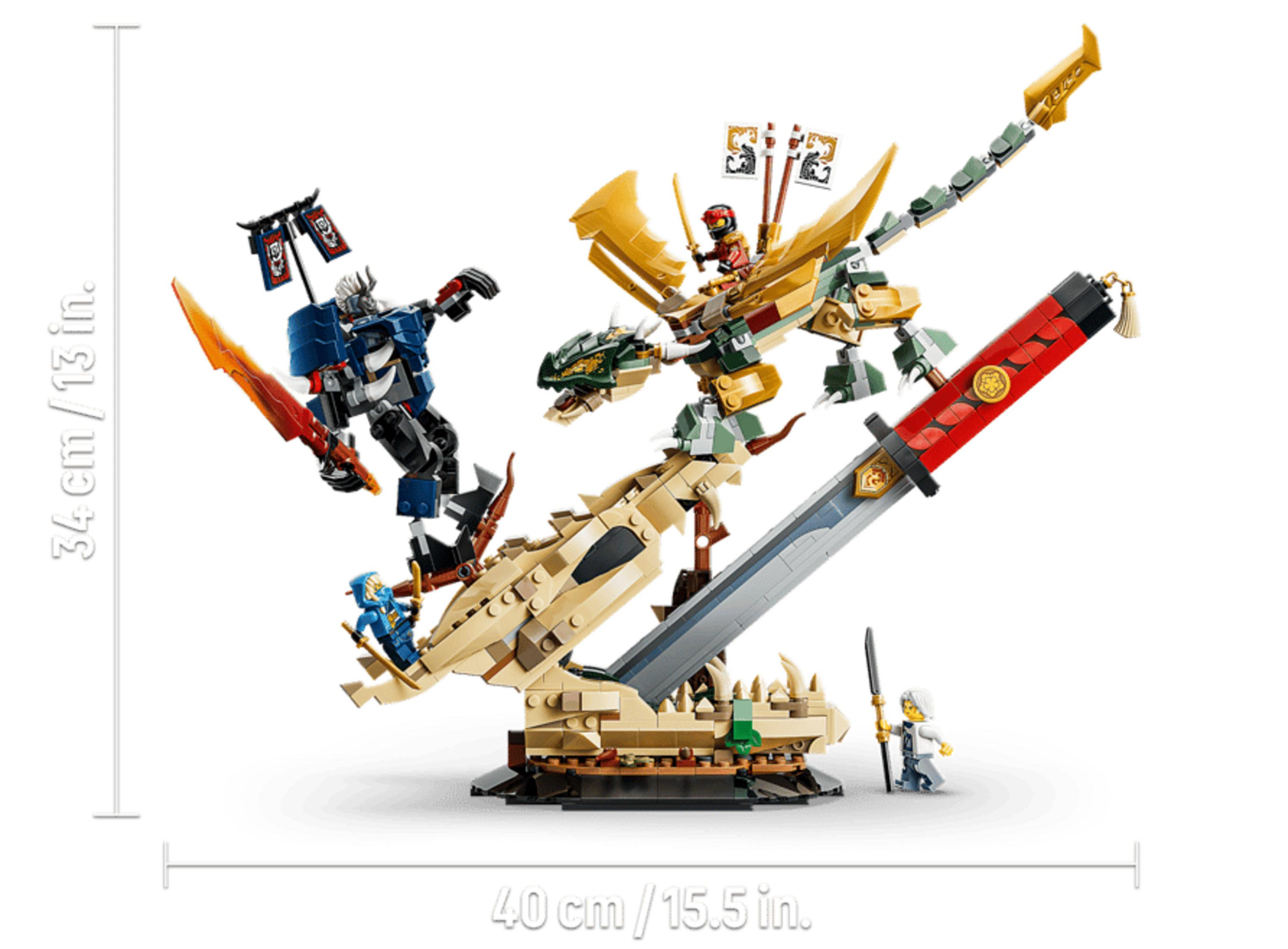Un dragón de Lego con caballeros y una espada en un soporte.