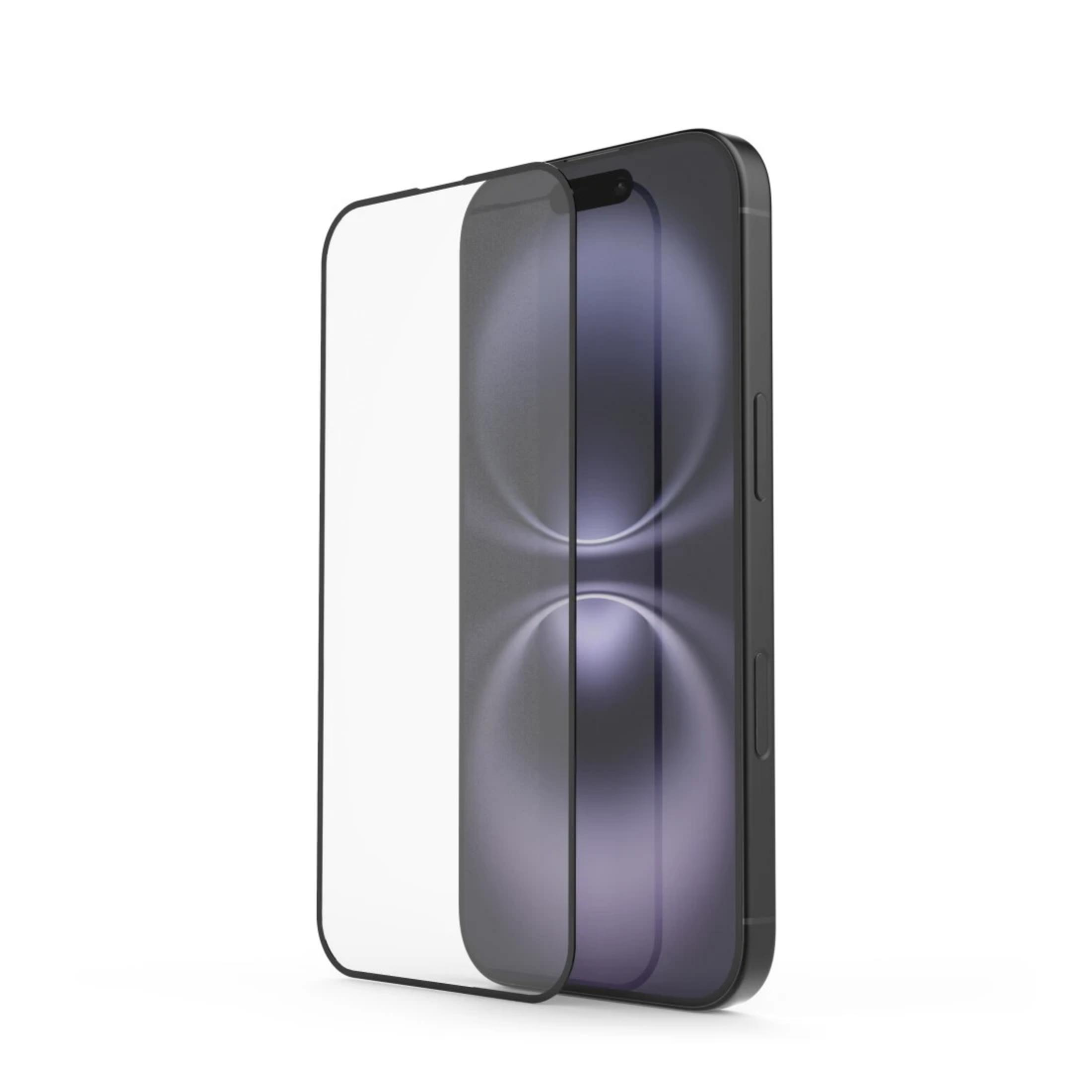 Czarny smartfon z osłoną ekranu, białe tło.
