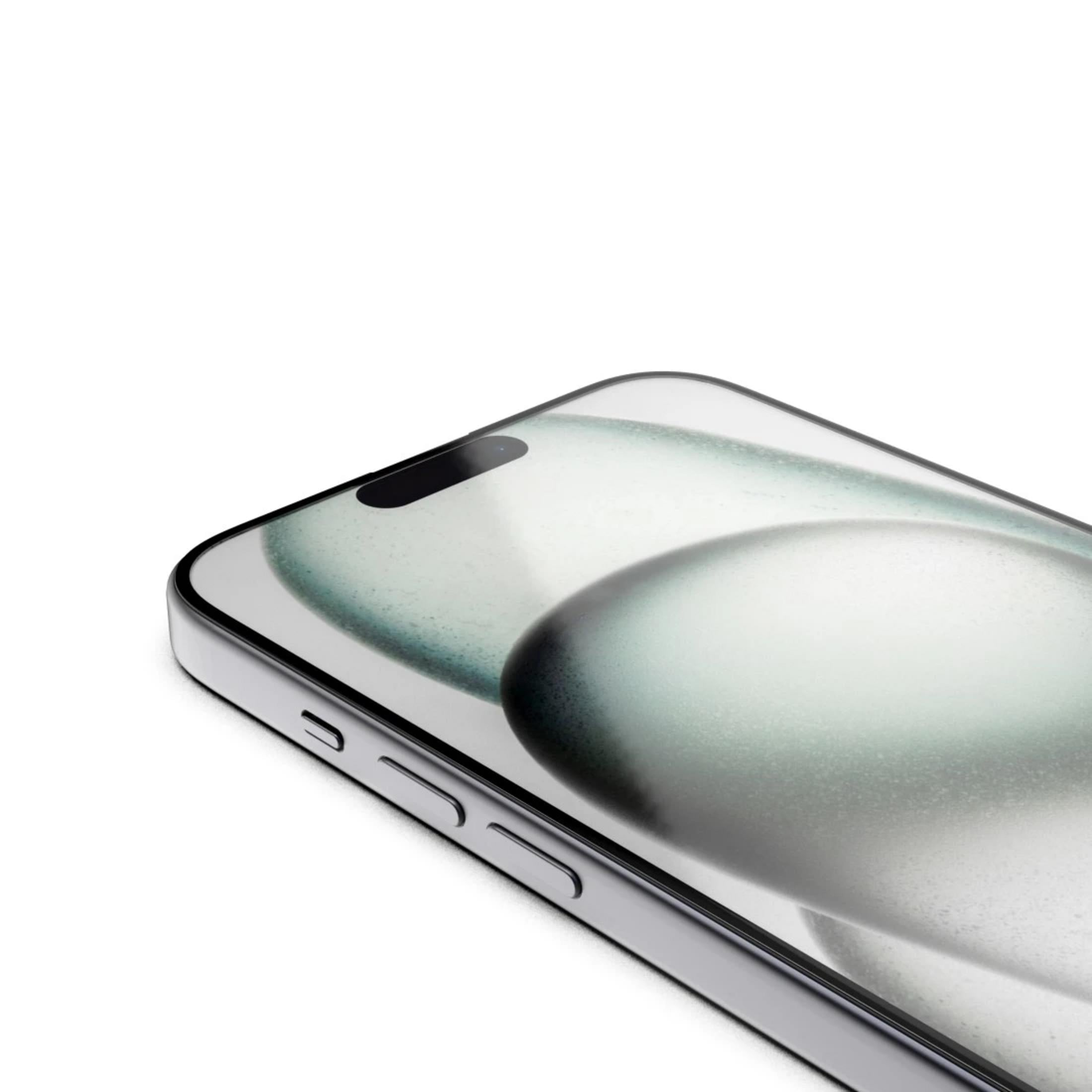 Srebrny smartfon z szarym tłem i wcięciem.