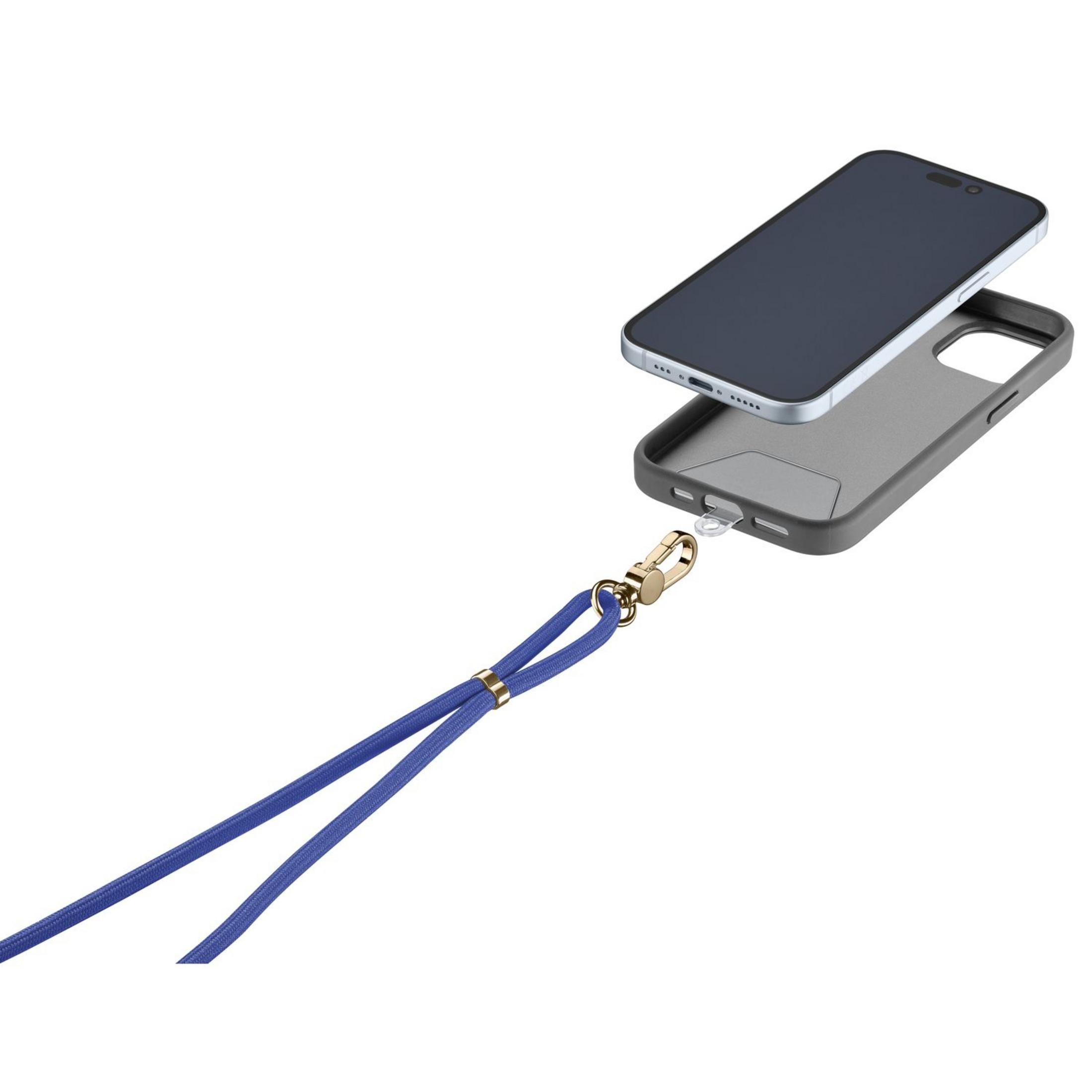 Uno smartphone con custodia e cordino blu con chiusura dorata.
