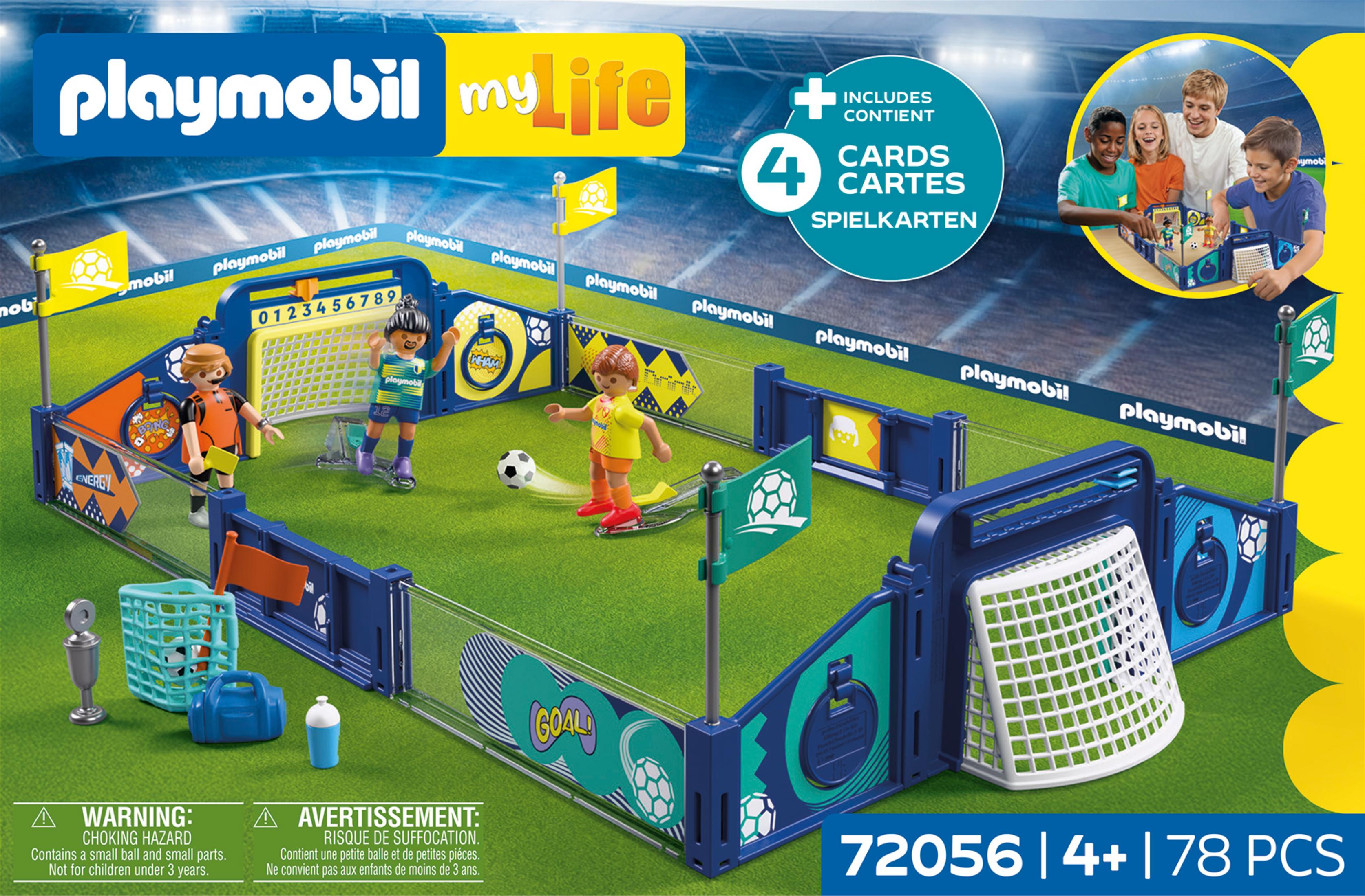 Set de fútbol Playmobil con dos figuras, portería y campo.