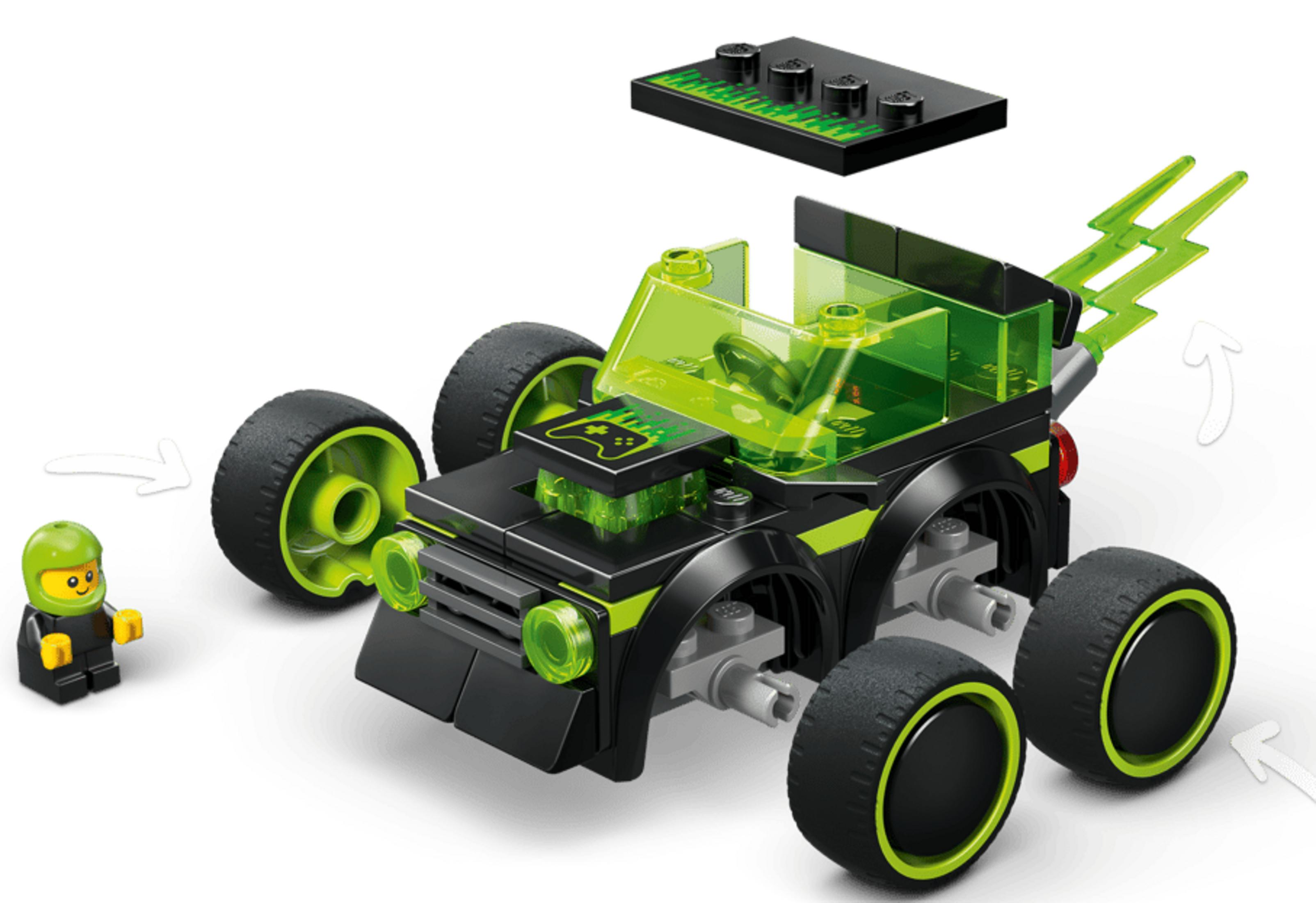 Una minifigure da corridore verde accanto a un'auto Lego nera e verde con elementi a fulmine.