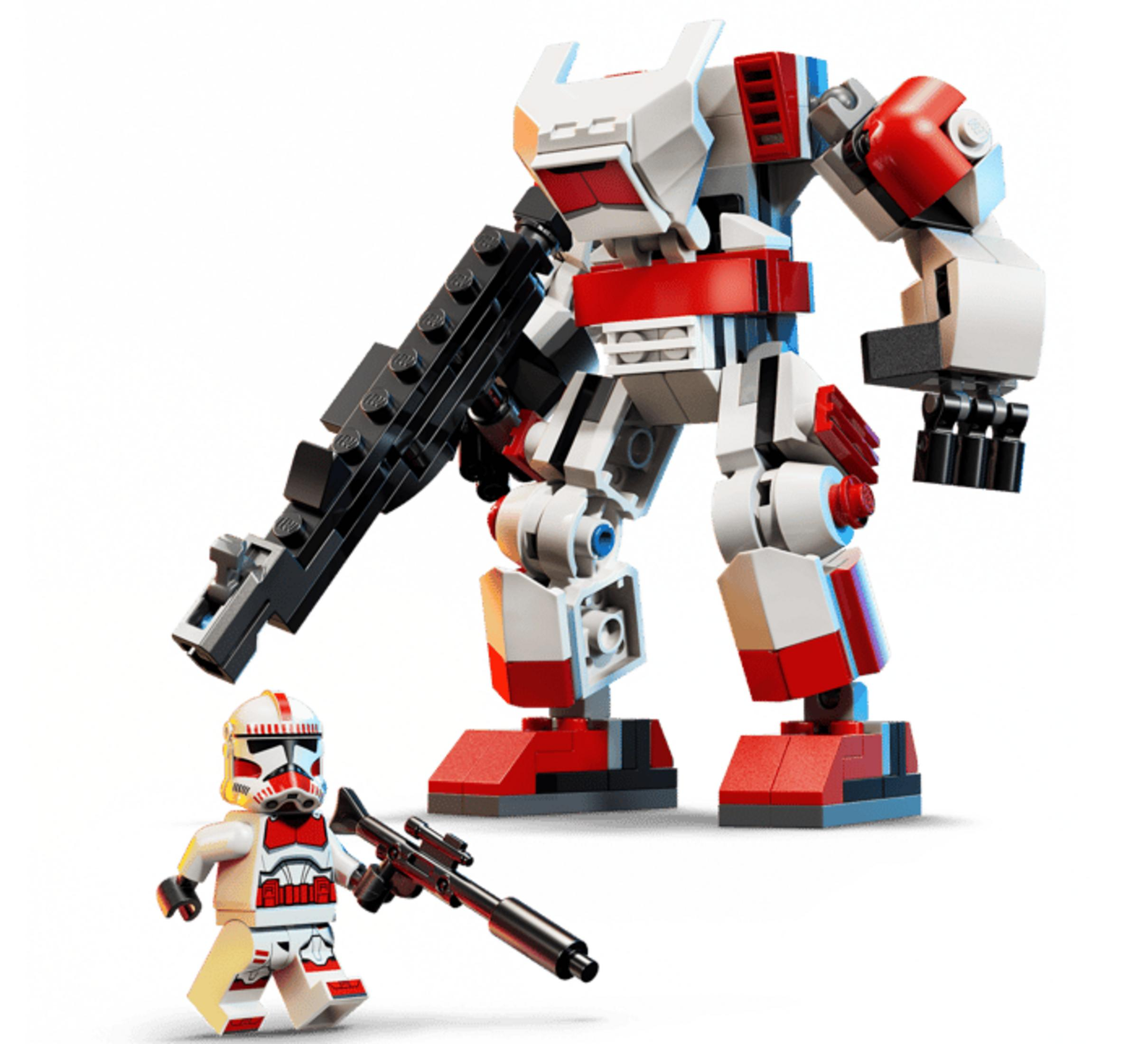 Büyük beyaz ve kırmızı Lego mekanizmasının yanında tüfekli beyaz ve kırmızı Lego droid askeri.