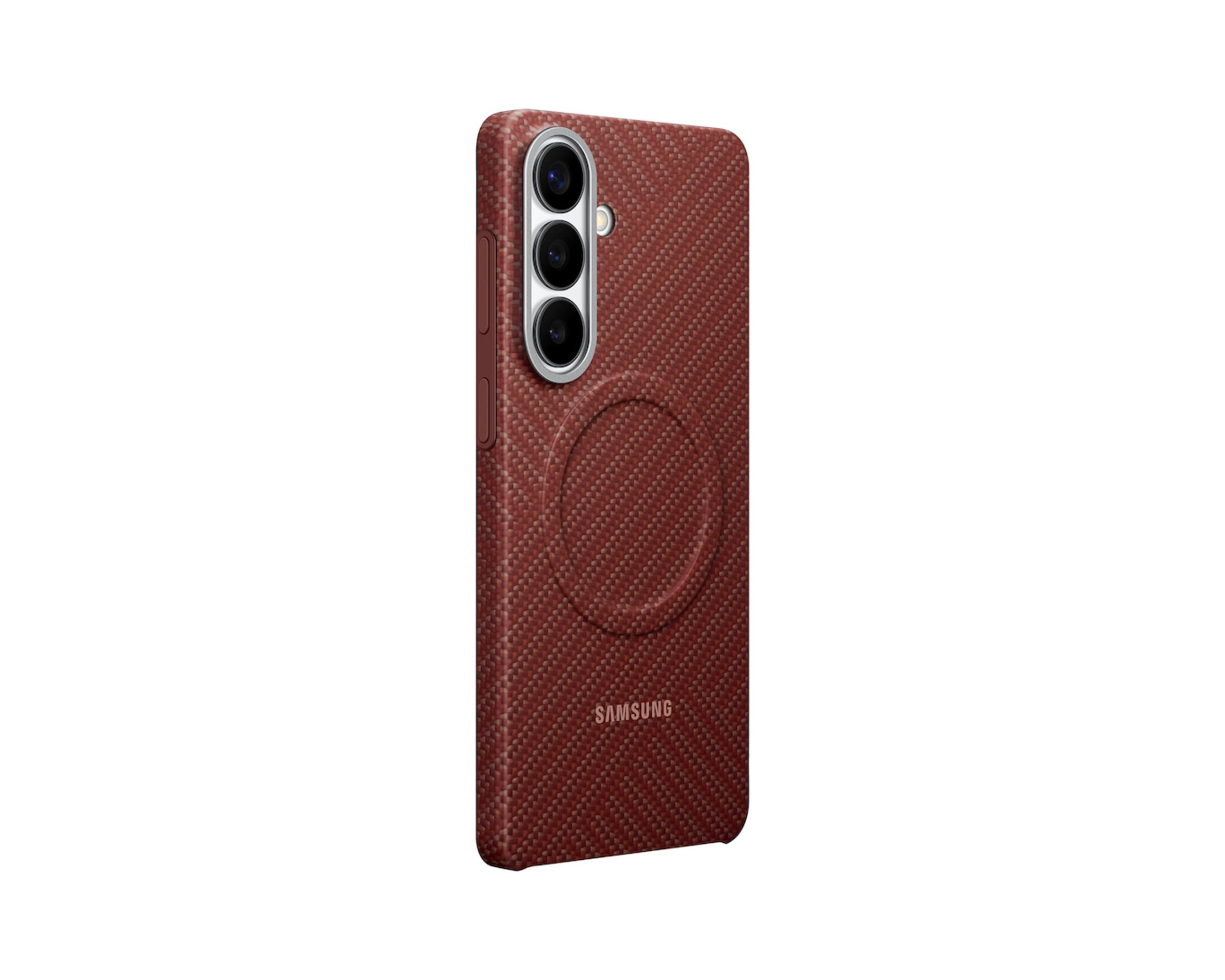 Rote Handyhülle mit drei Kameras und Samsung-Logo.
