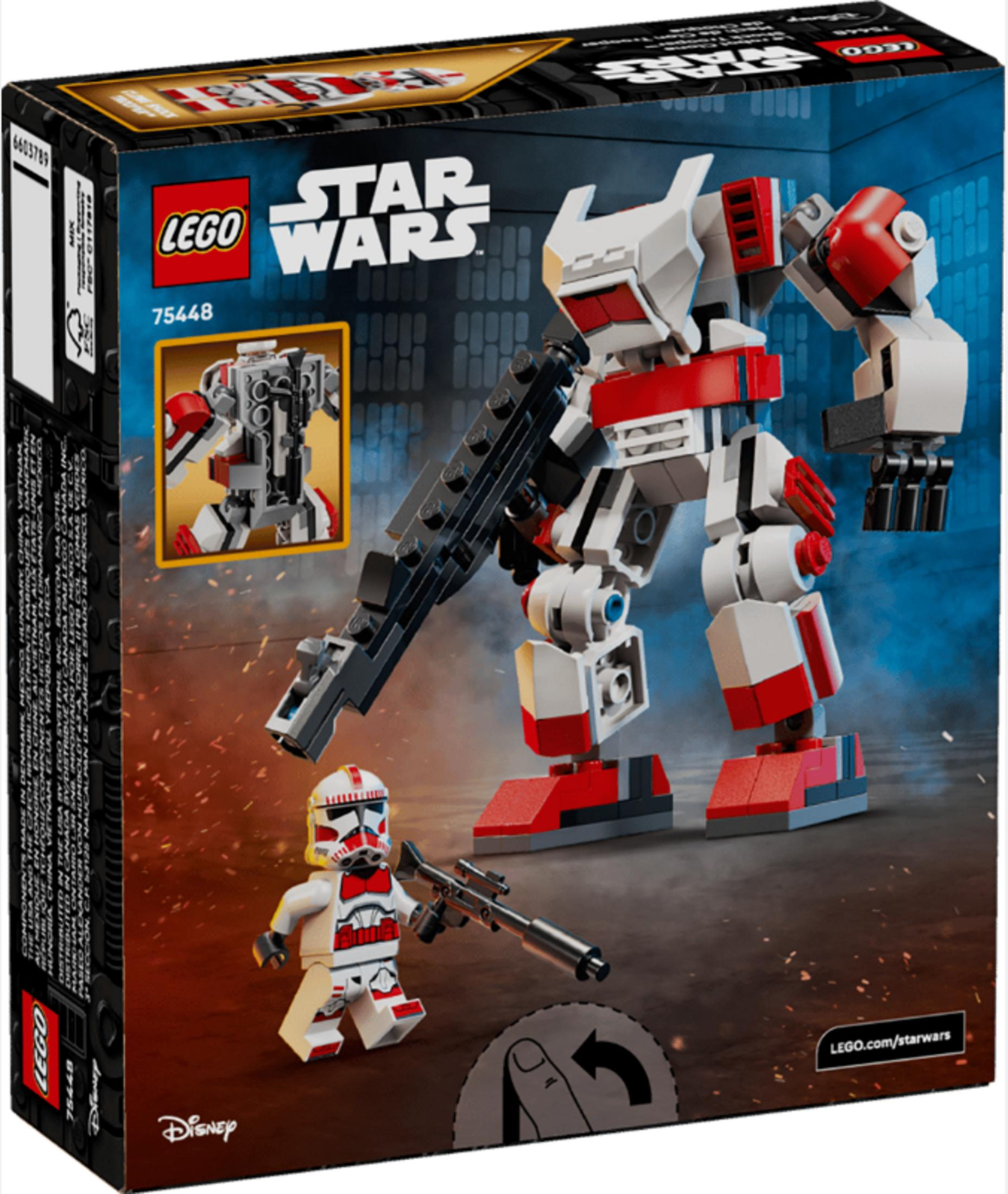 Lego Star Wars kutusu: tüfekli beyaz ve kırmızı mech ve Lego klon askeri.