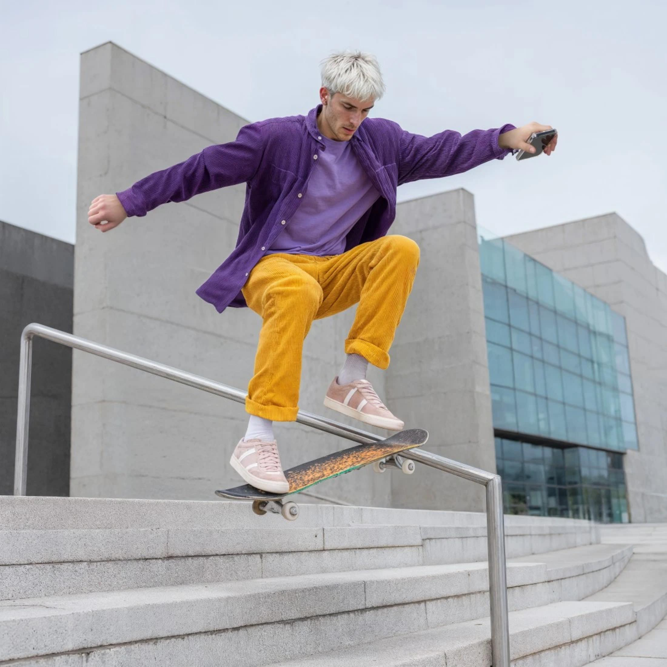 Un uomo con i capelli biondi salta su un corrimano con lo skateboard.