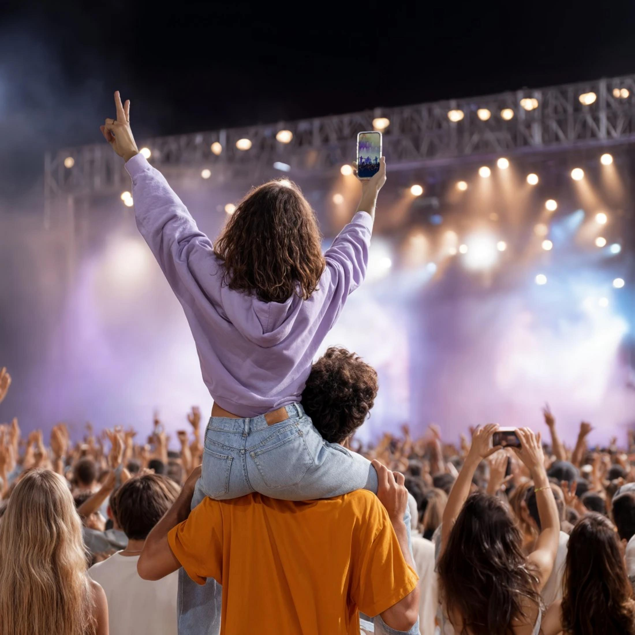 Una donna sulle spalle di un uomo a un concerto, un'altra persona riprende.