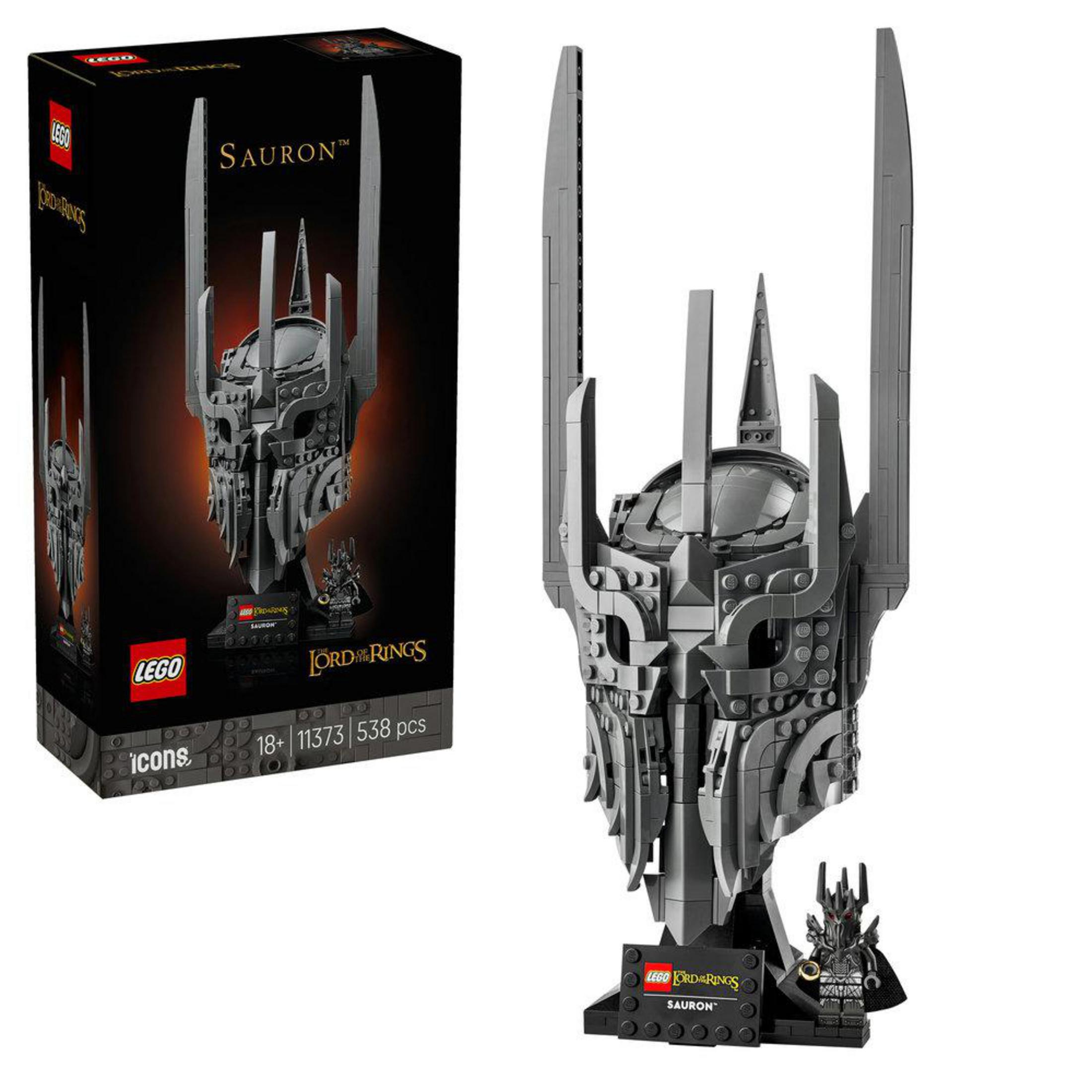LEGO Yüzüklerin Efendisi Sauron kask seti, minifigür ve kutusuyla.